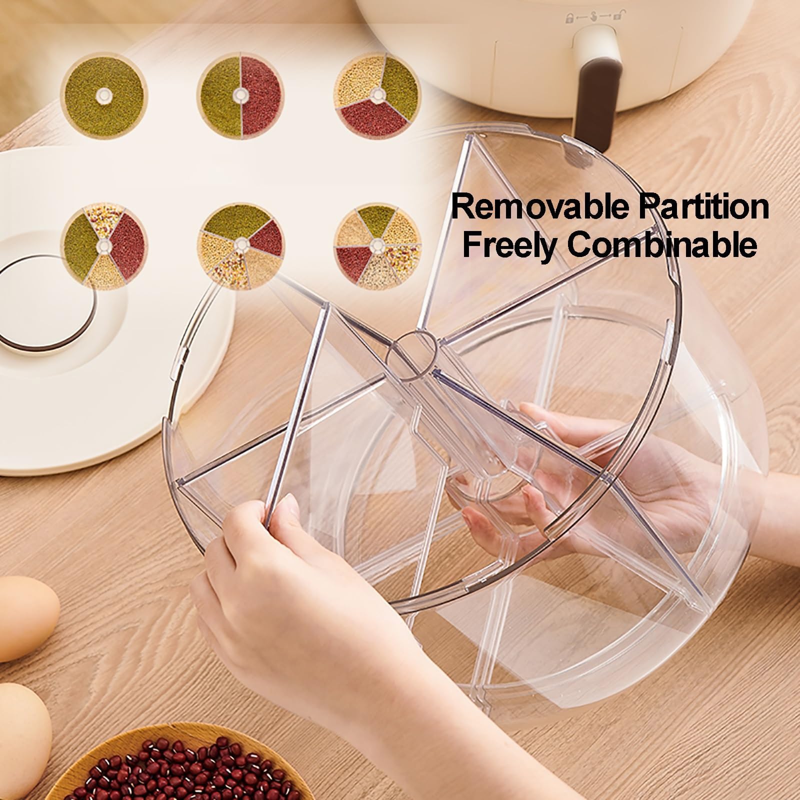Dispensador de cereales de 6 rejillas, recipiente giratorio hermético para almacenamiento de alimentos para granos pequeños, frijoles, arroz, almacenamiento de alimentos secos de 7.2 L con tapas