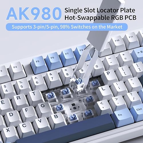 Miniatura 3 de NACODEX Ajazz AK980 - Teclado mecánico inalámbrico azul y blanco para juegos, tres modos BT5.02.4GHzUSB-C intercambiables en caliente RGB