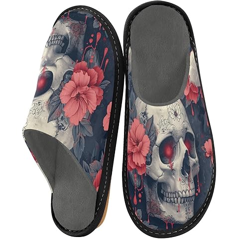 ALAZA Sugar Skull Flower Sylish Retro Fuzzy Slippers for Women Men Warm Soft Lightweight Memory Foam House Slippers 5.5-6