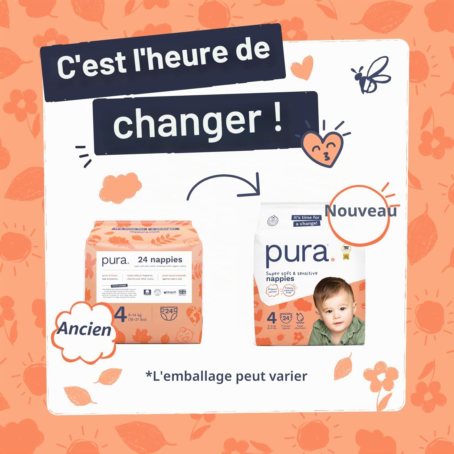 Pura Couches Écologiques Taille 4 (8-14kg), Pack Mensuel de 144 Ultra Douces pour Peau Sensible, Coton Bio, 12 Heures de Protection