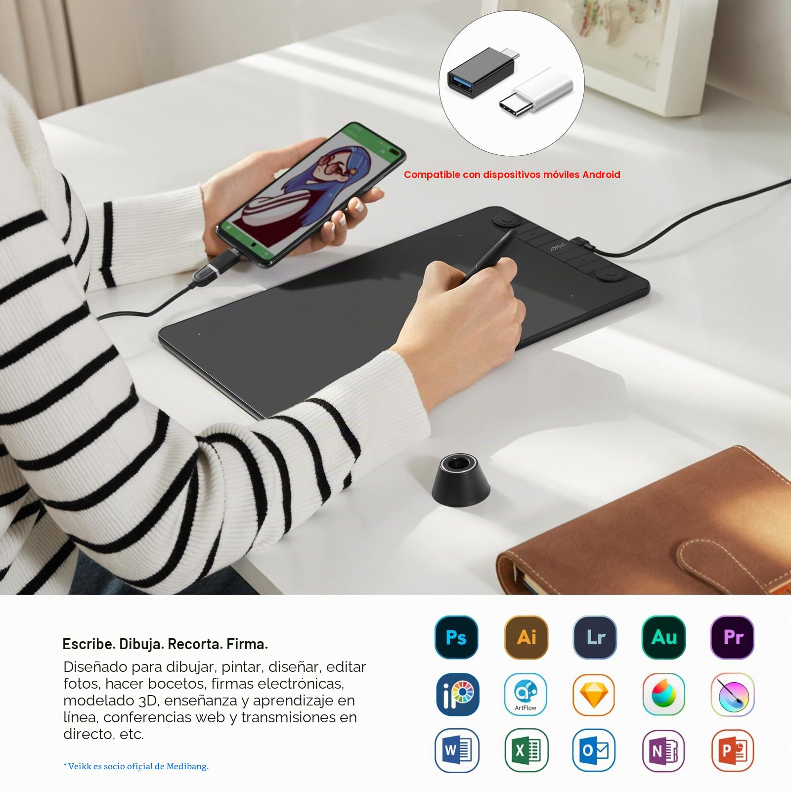 VEIKK VK1060PRO - Tableta gráfica de Dibujo (10 x 6 Pulgadas, lápiz Digital con lápiz Capacitivo pasivo sin batería (8192) Compatible con Android Windows y Mac OS