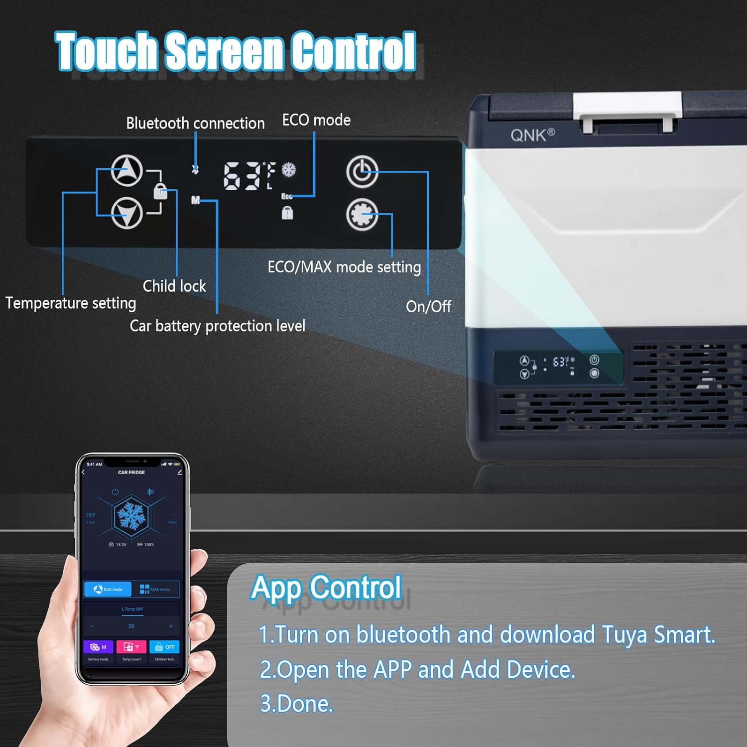 QNK EF15 control panel with labels for Bluetooth, ECO mode, child lock, temperature setting, battery protection, and on/off