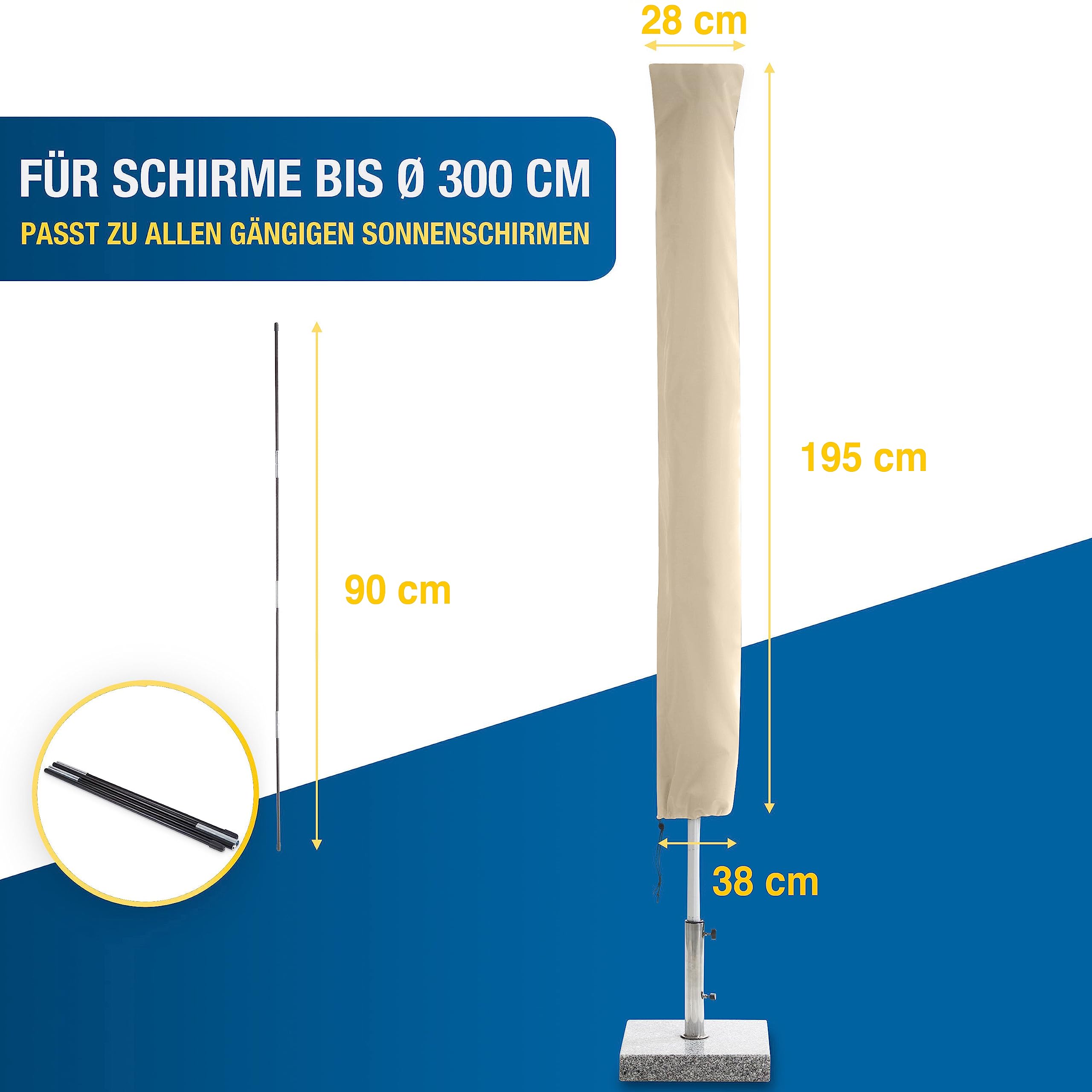 SPRINKS® Sonnenschirm Schutzhülle bis Ø 300cm - Reißfeste Sonnenschirmhülle mit UV Schutz - Wetterbeständige Schirmhülle inkl. Hilfsstab zum Überziehen
