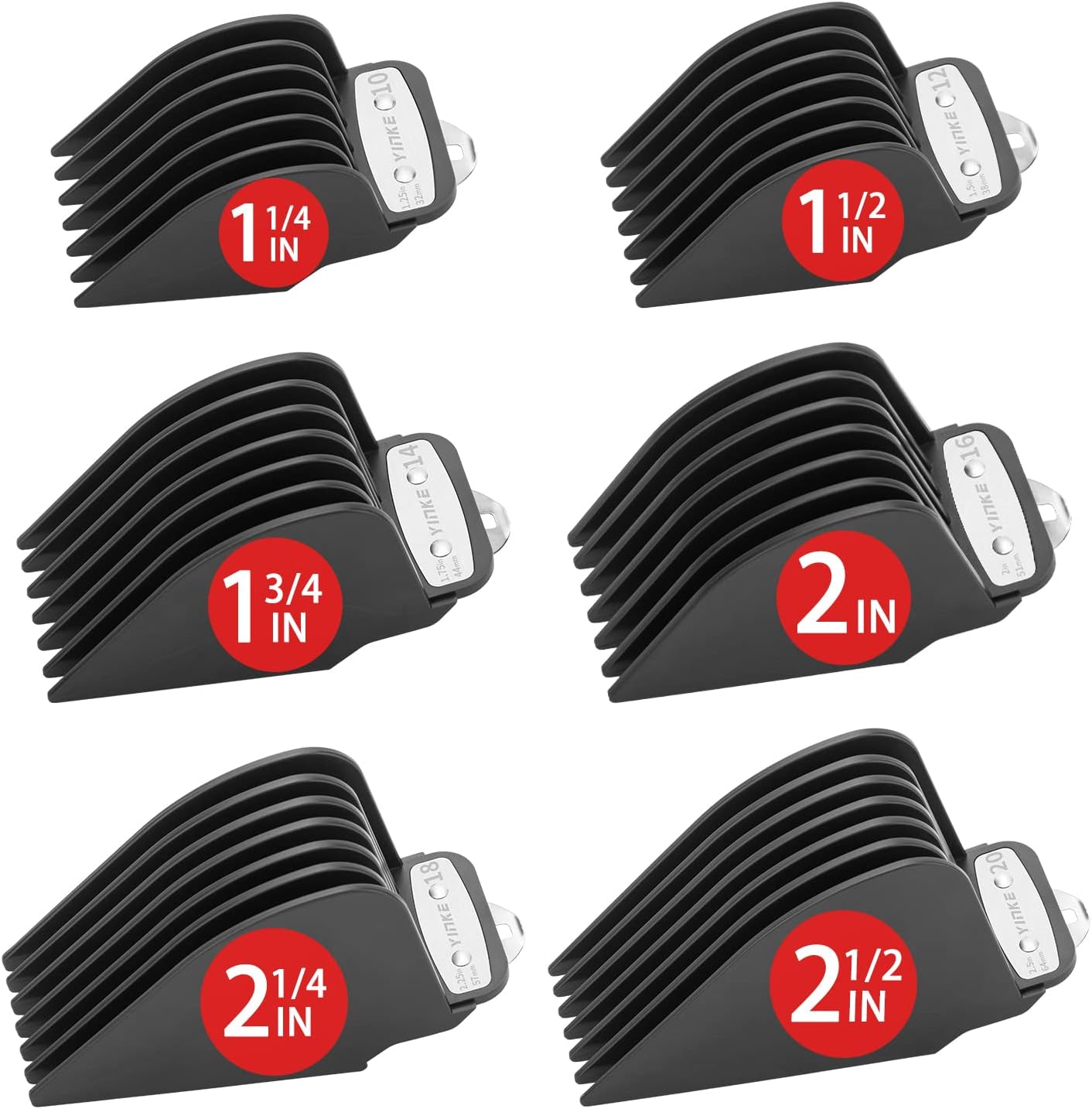Extra Lang Haar Clipper Guards Set – 6 Kniplengtes 1,25/1,5/1,75/2/2,25/2,5 inch, Metalen Clip, Past op de meeste Cordless/Cord Wahl Clippers (Zwart)