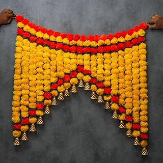 Desi Favors Colourful Traditional Toran | Yellow & Orange | Plastic Door Hanging with Marigold Flowers & Gold Bells for Diwali Weddings Puja Home Decoration Gift for Festivals - Big 3 ft (Pack of 1)
