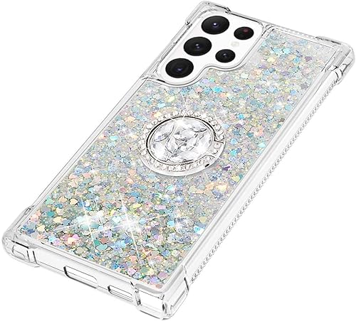 Miniatura 5 de Tncavo Funda para Samsung Galaxy S23 Ultra para mujer, fundas con purpurina holográfica líquida en movimiento con anillo de diamante, TPU suave y
