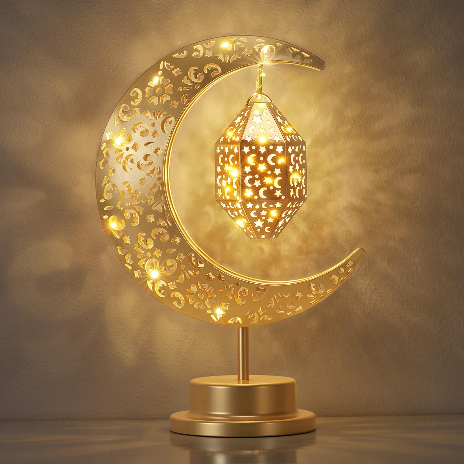 Luxspire Ramadan Moon Lamp, Crescent Moon & Star Ramadan Lights Decorations for Home, Eid Mubarak Decor Battery Powered Ramadan Lanterns, Moroccan Table Lamp Gift for Bedroom Nightstand,Hexagonal+Moon
