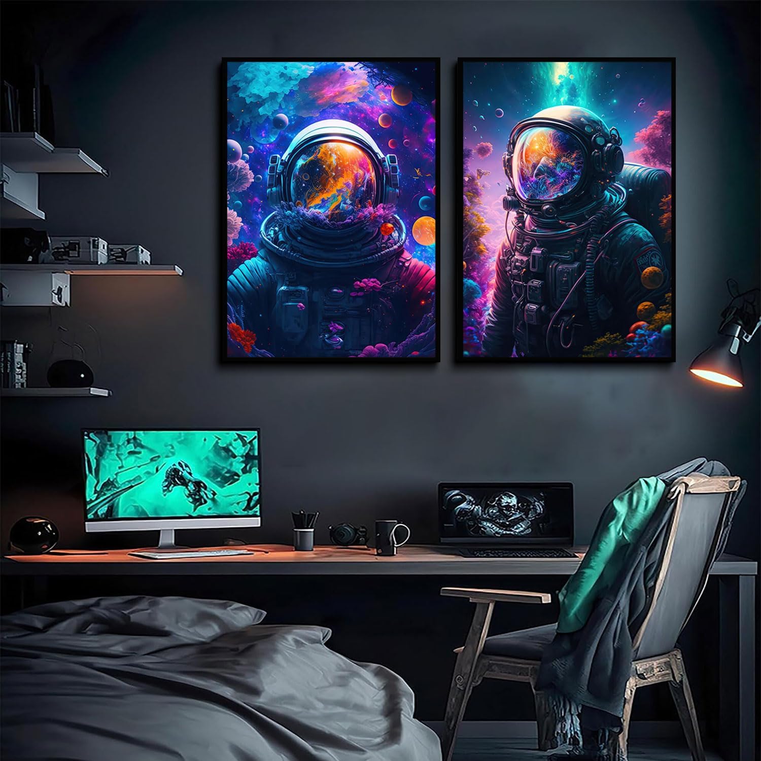 Cool Astronaut Wall Art Abstract Funny Spaceman in the Ocean Poster Picture Colorful Fantastic Universe Space Painting Prints Surrealism Planets Cosmos Artwork For Boys Bedroom Canvas Decor Unframed