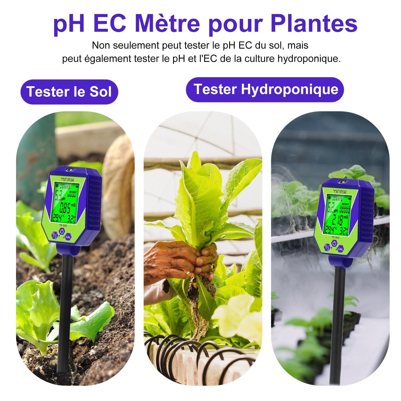 YINMIK Testeur de pH du Sol 6 en 1, Testeur D'humidité du Sol Intelligent, pH EC Salt Tester for Soil & Water Meter,kit de Test de pH du Sol pour Jardin, Ferme, bonsaï
