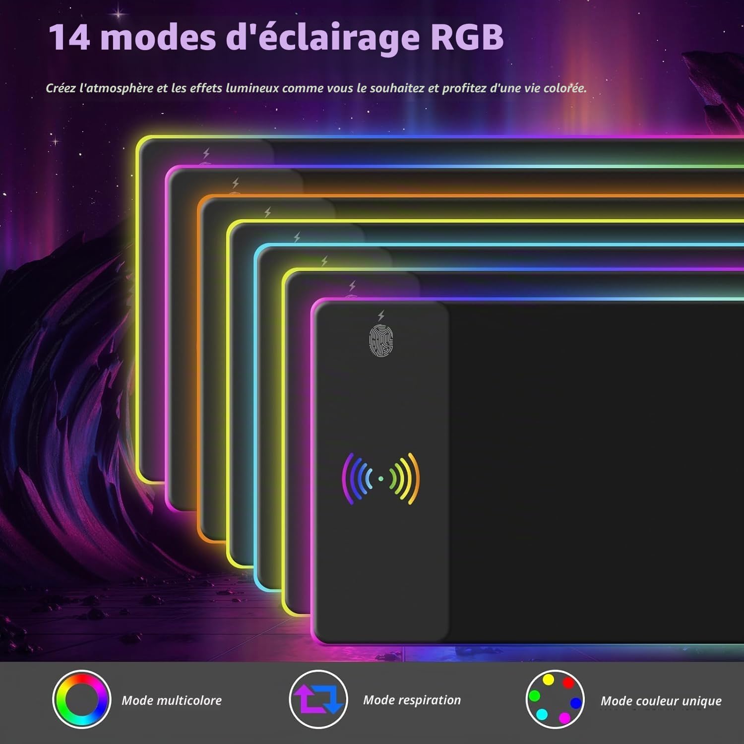 Tapis de Souris de Jeu RGB avec Charge sans Fil 15W, 14 Modes d'éclairage LED, Taille XXL 800x300x4mm, Base en Caoutchouc antidérapante pour Gaming, MacBook, PC