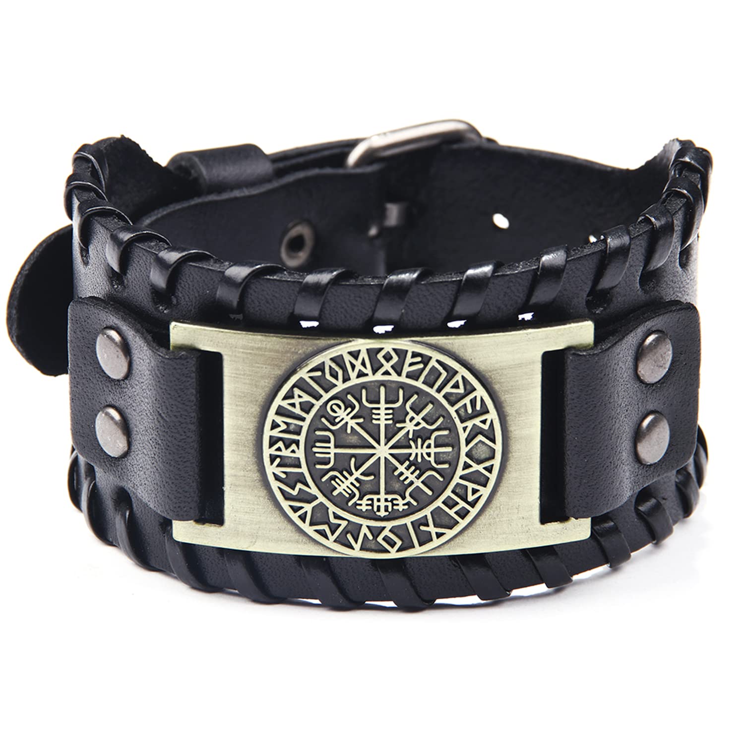 Men's Leather Bracelet, Viking Compass Bracelet Vegvisir Jewelry of Talisman Bangles Nordic Runes Celtic Adjustable Wristband