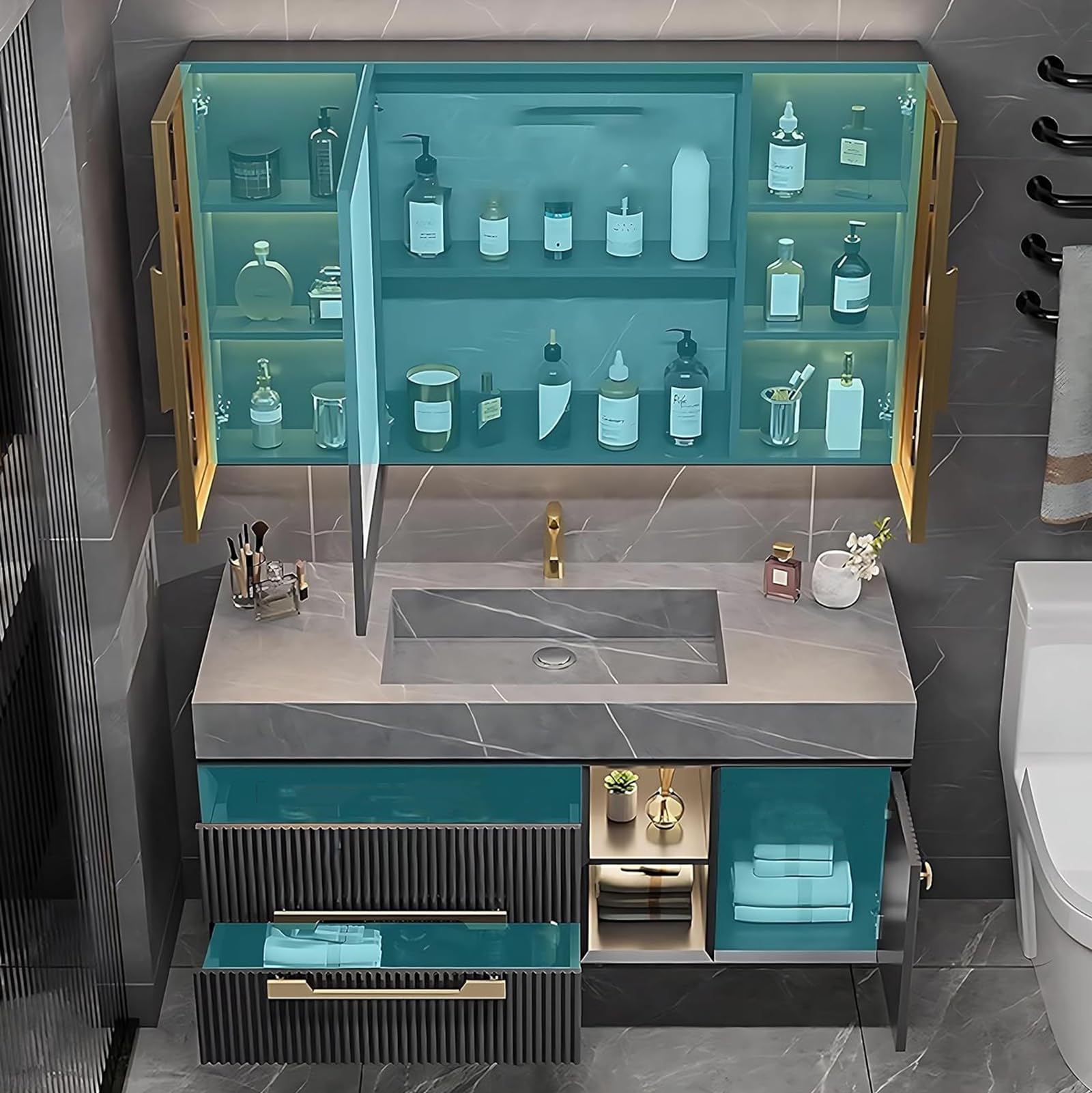 Mueble De Baño con Cajones, Lavabo Y Espejo, Mueble De Baño Suspendido con Lavabo CerámicosGreen,140cm/55in