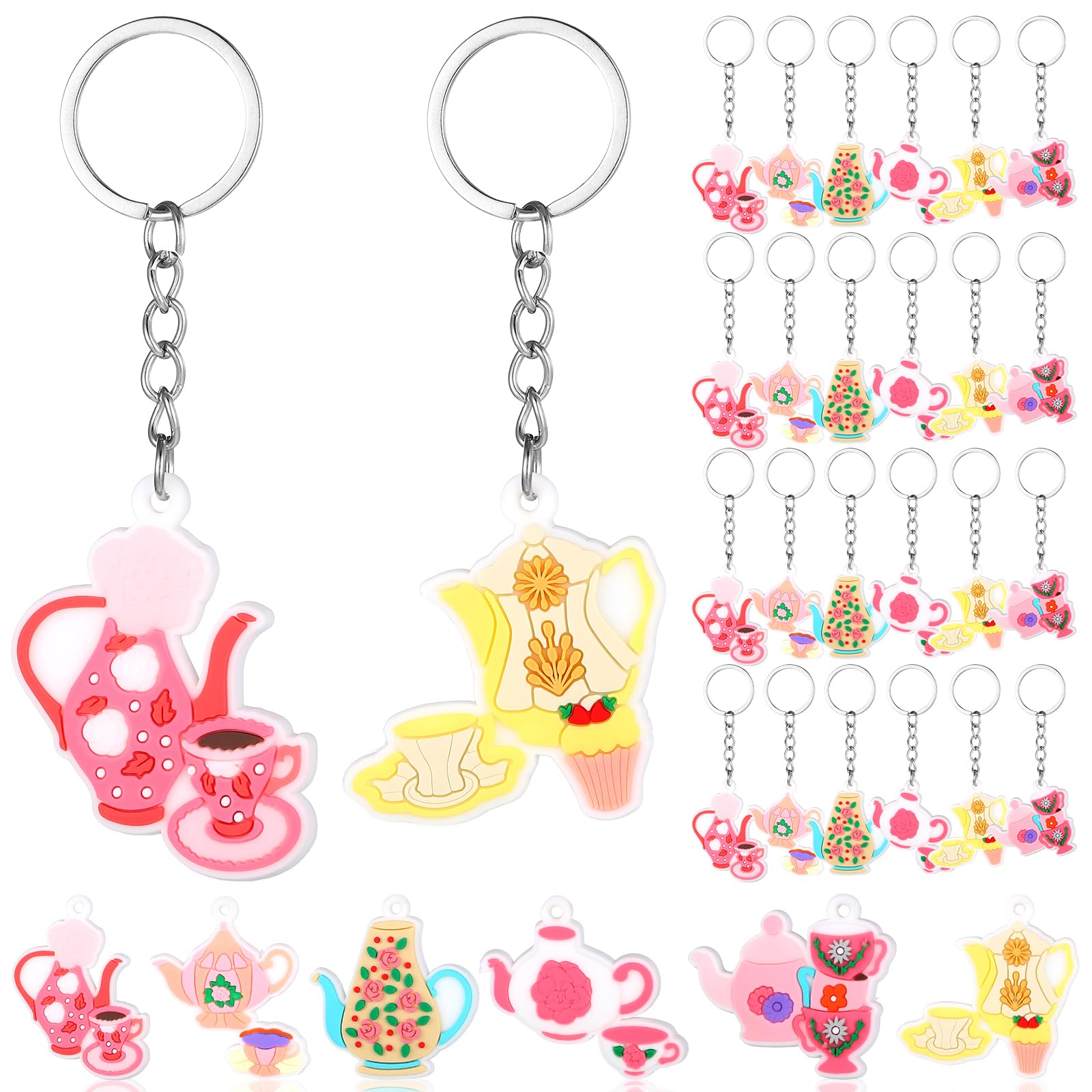 Quelay 24 Pcs Women Tea Party Favors Tea Party Keychains Spring Treatime Gathering Gifts Silicone Teapot Key Ring for Birthday Gifts Supplies