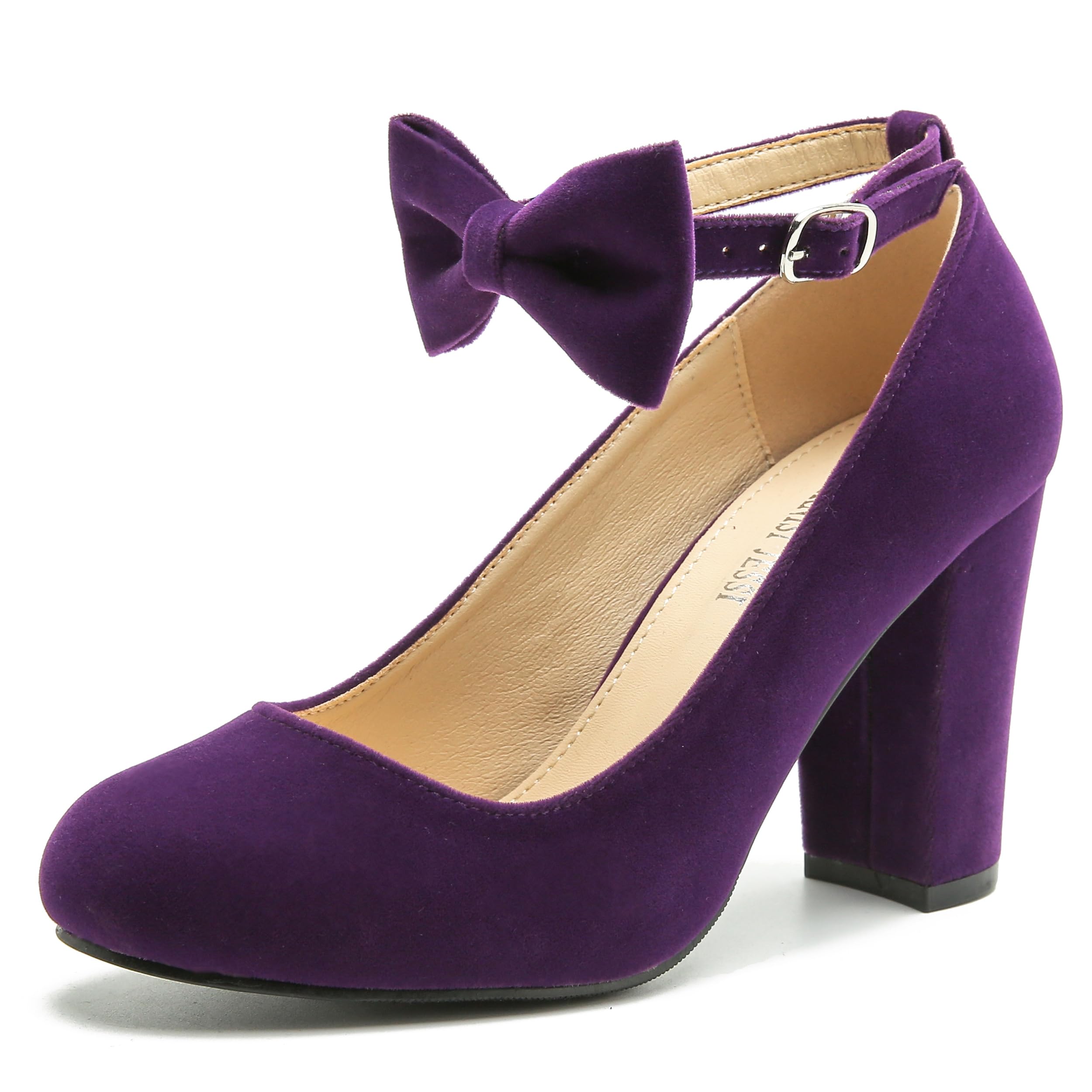 Women's Bow Ankle Strap Pumps Block Heel Round Closed Toe Mary Jane Dress Shoes