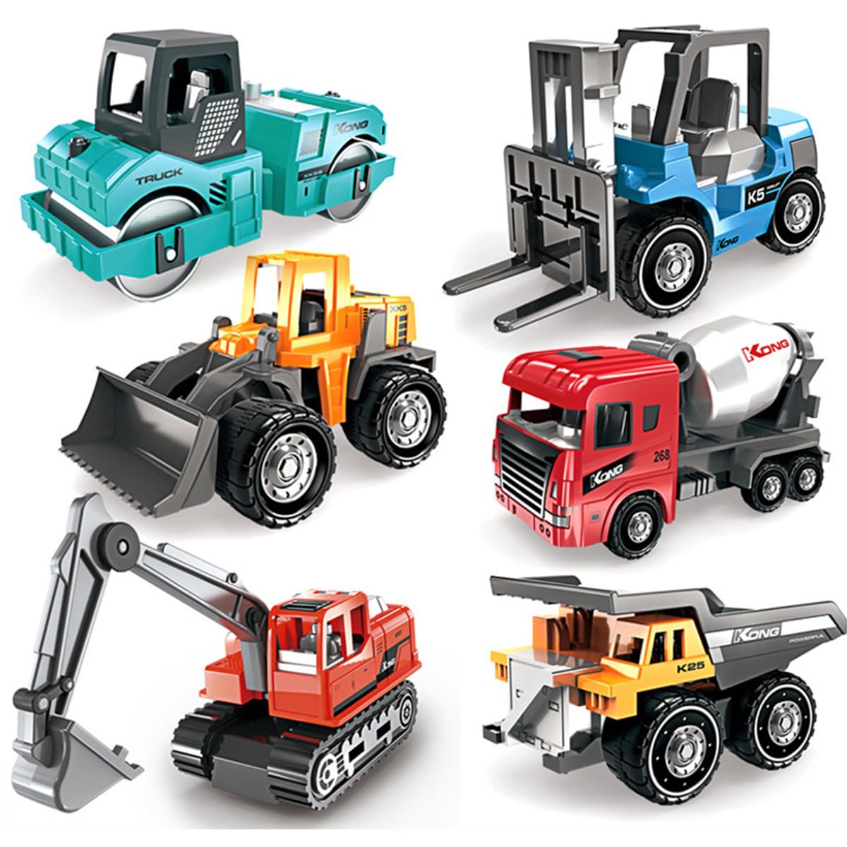 Camiones de Construcción Juguetes, 6PCS Camiones Juguetes, Mini Coches Vehículos de Construcción, Set de Vehículos Push and Go con Grúa, Excavadora, Educación Regalos