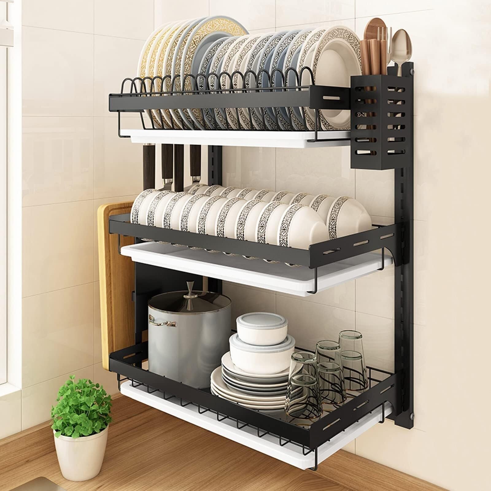 HANELREEZD draining Dish Drying Rack Wall Mount Dish Racks Drainer 3 Tier Kitchen Plate Organizer Storage Shelf with Drain Tray dish rack