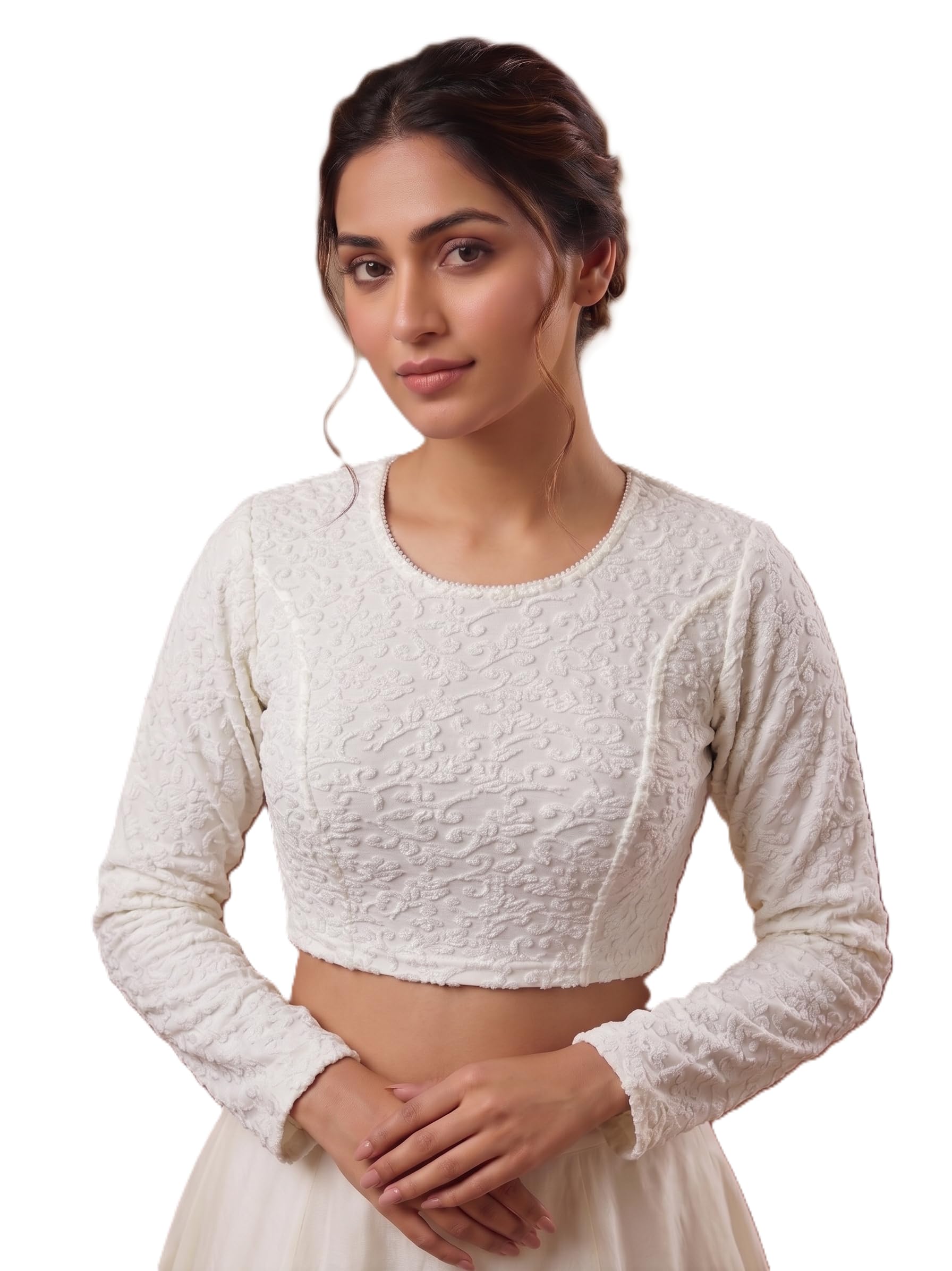 Sanmati Stylish Lycra Roundneck Stretchable Blouse for Women | Full Sleeve Non-Padded Pullover | Lycra Saree Top-image-3