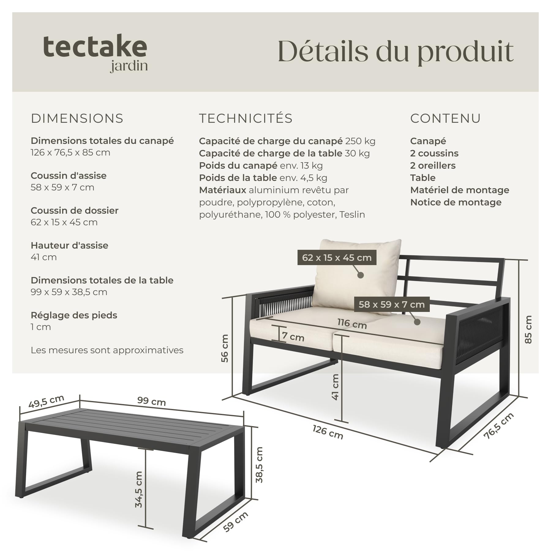 Tectake Salon de Jardin Canapé 2 Places Banquette Table Basse Coussins Inclus Cadre Aluminium laqué époxy Mobilier Exterieur