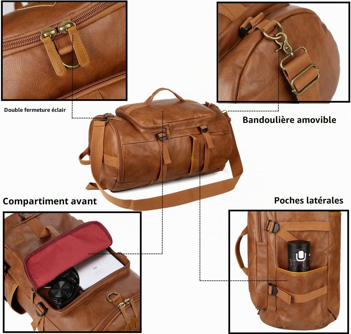 BAOSHA HB-26 Sac fourre-Tout en Cuir 3 Voies pour Homme Sac fourre-Tout de Week-End Sac à Dos à bandoulière Convertible Voyage Randonnée Sac à Dos de Nuit Sac à Main