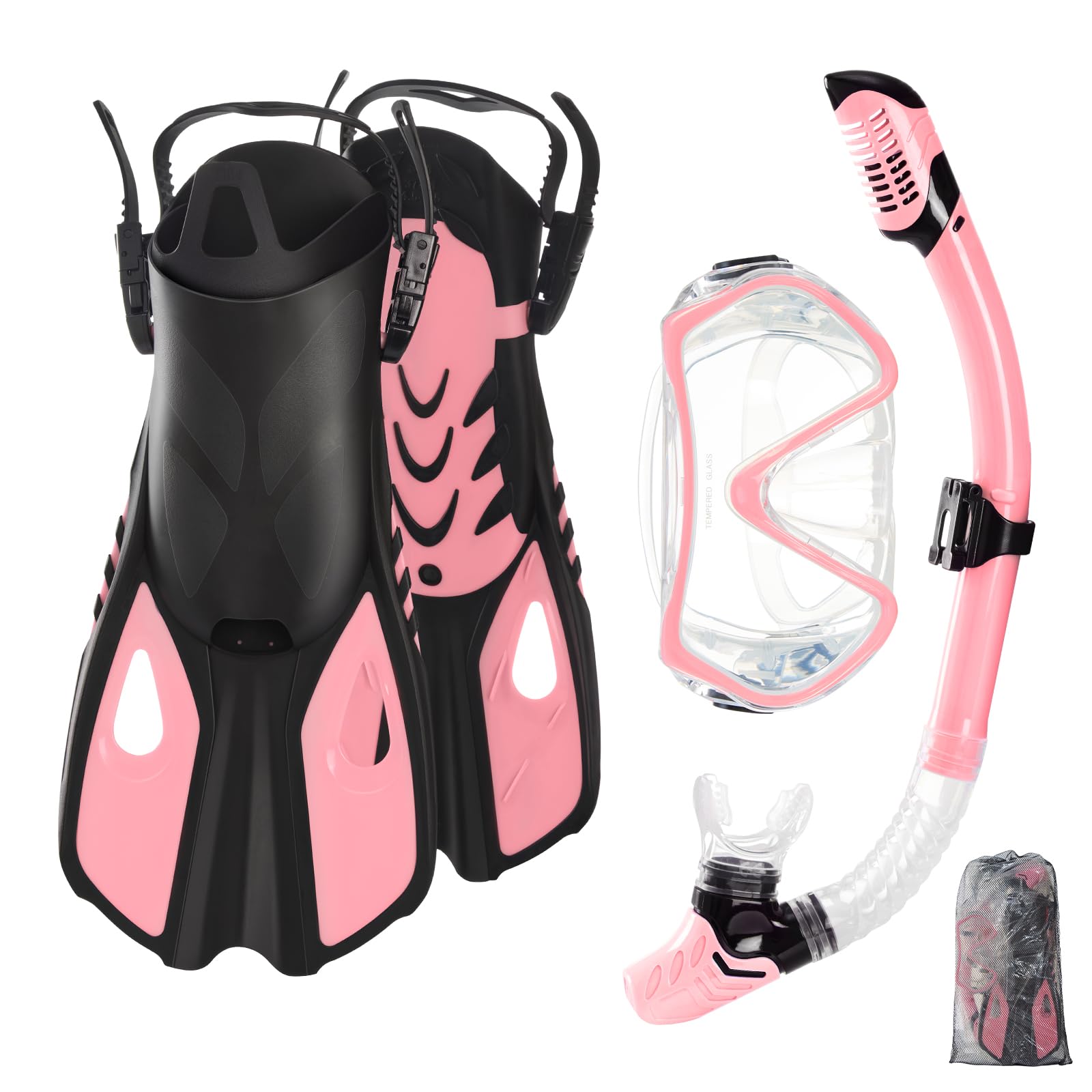 Snorkel Set Adults with Flippers, Snorkel Mask with Adjustable Open-Heel Swim Fins, Snorkeling Packages with Carrying Bag for Beginners and Snorkelers for Pool, Beach & Travel (Pink, L/XL)