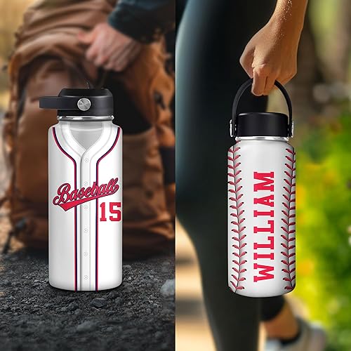Vista 122 de Hyturtle Botella de agua de béisbol personalizada, botella de acero inoxidable aislada de viaje con tapa a prueba de fugas, 18 onzas, 32 onzas