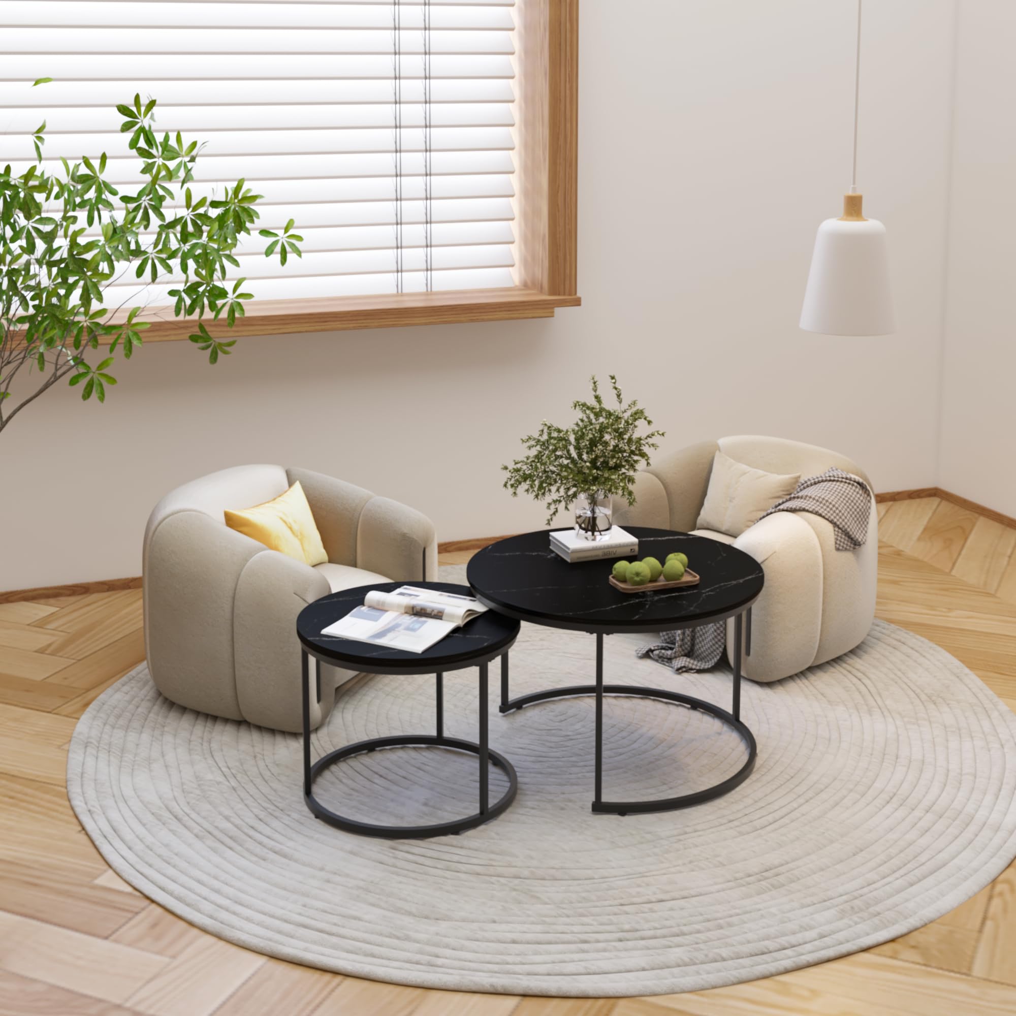 SOFTSEA Round Coffee Table with Wooden Marble Pattern and Sturdy Metal Frame Nesting Round Coffee Table Set of