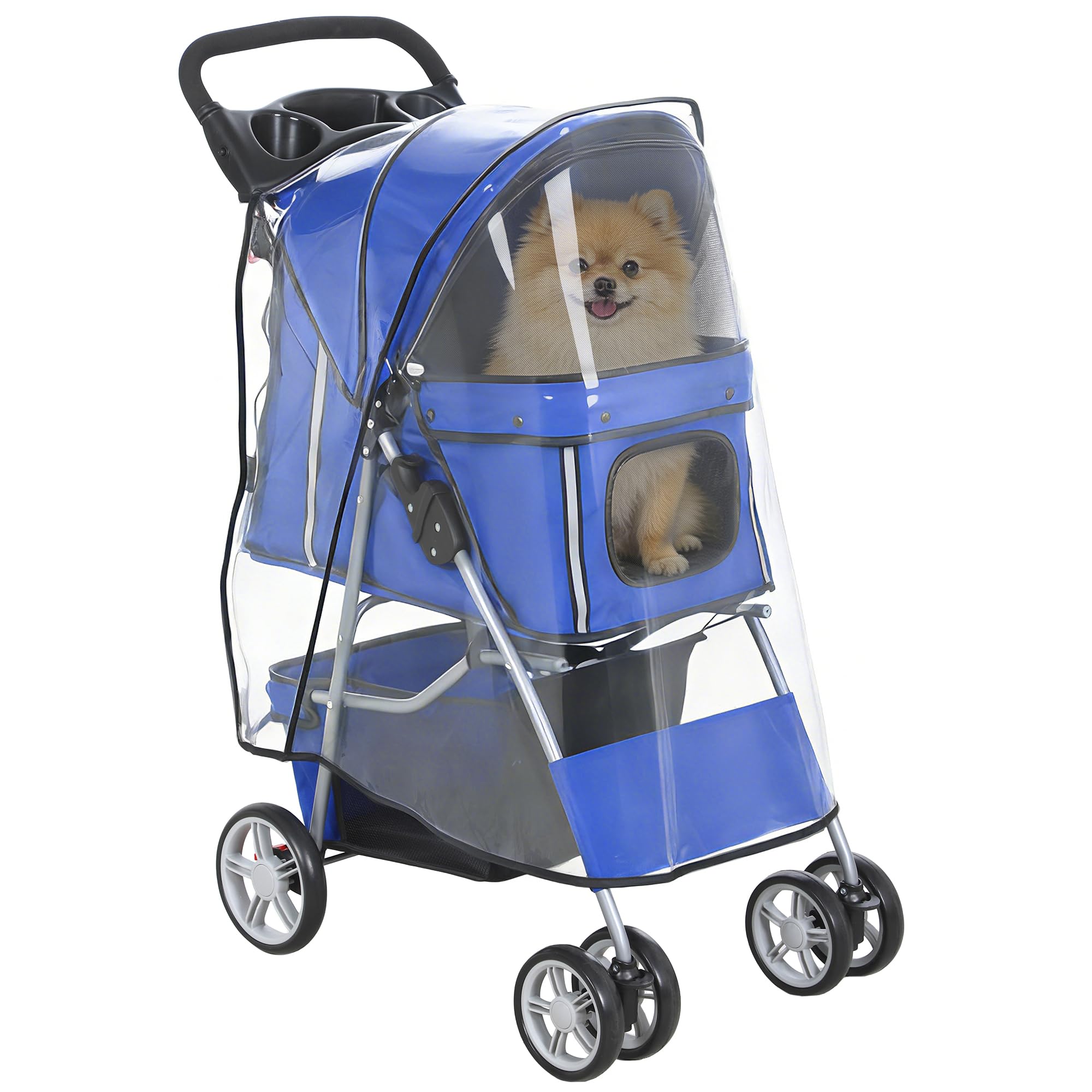 PawHut Passeggino per Cani Pieghevole, Carrozzina per Animali con Copertura Antipioggia, Catarifrangenti, Ruote Girevoli a 360°, Freni e Cuscino Lavabile, Blu