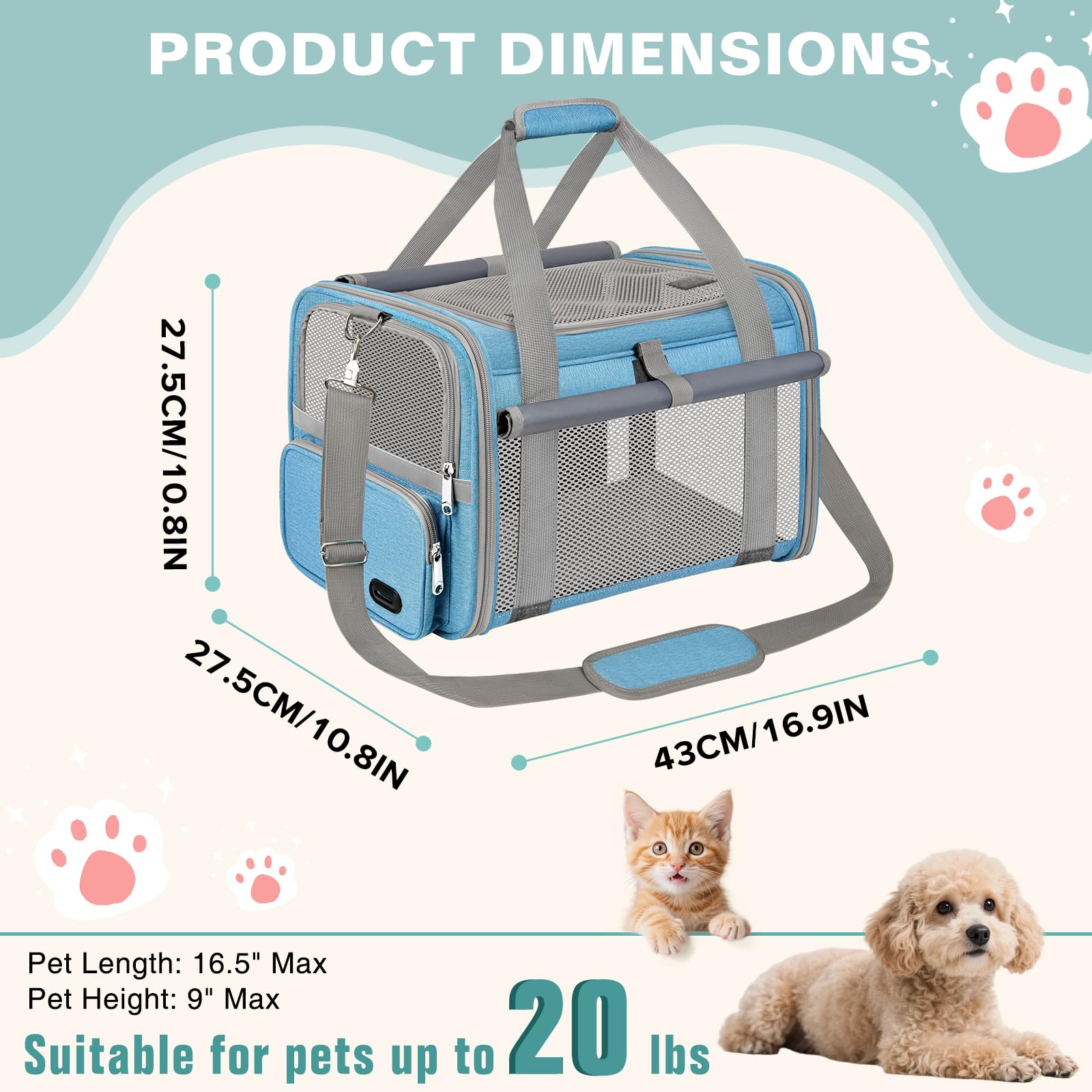 Katzentransportbox Flugzeugtauglich Hundebox Faltbar Weichseitige Transportbox Katze mit Innenleine Belüftung Katzentransporttasche für Reisen Auto Tierarzt bis 10kg (Himmelblau)