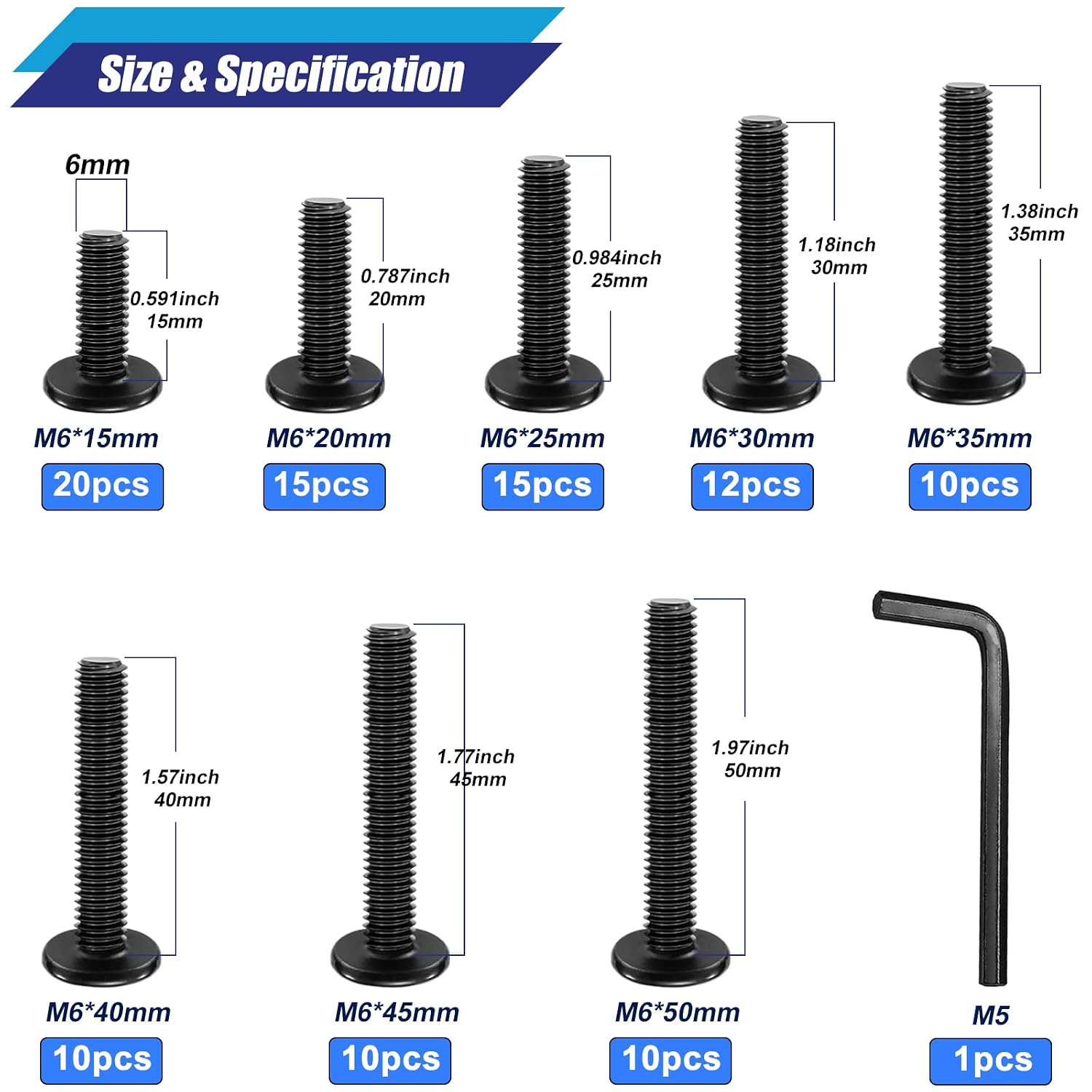 Taiss 102PCS Flat Head Hex Socket Cap Screws M6 Bolts 8 Sizes M6*15/20/25/30/35/40/45/50mm 304 Stainless Steel Furniture Bolts,Full Thread Furniture Screws with Hex Wrench