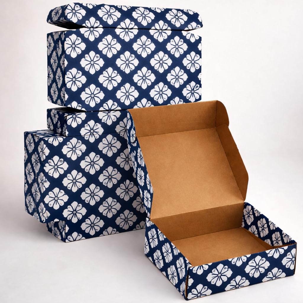 Pap Kraft 3 Ply Midnight Blossom | 4×4×1.5 Inch Multicoloured Gloss Laminated Printed | Small Packaging Box for E-commerce, Chocolates, Gifts & Jewellery | Brown Box | (Pack of 25)