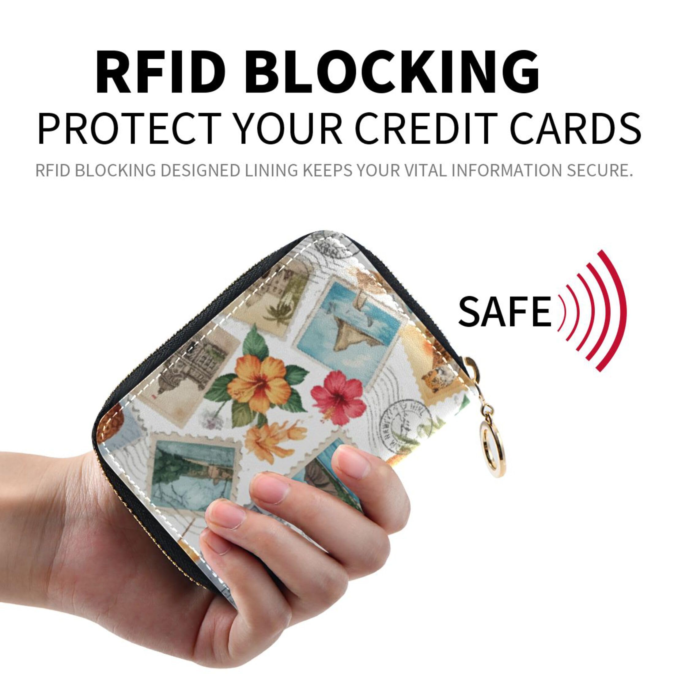 Burbuja Travel Postage Stamp Credit Card Holder for Women Men RFID Blocking, Leather Accordion Zipper Card Case Wallet 11 Slots