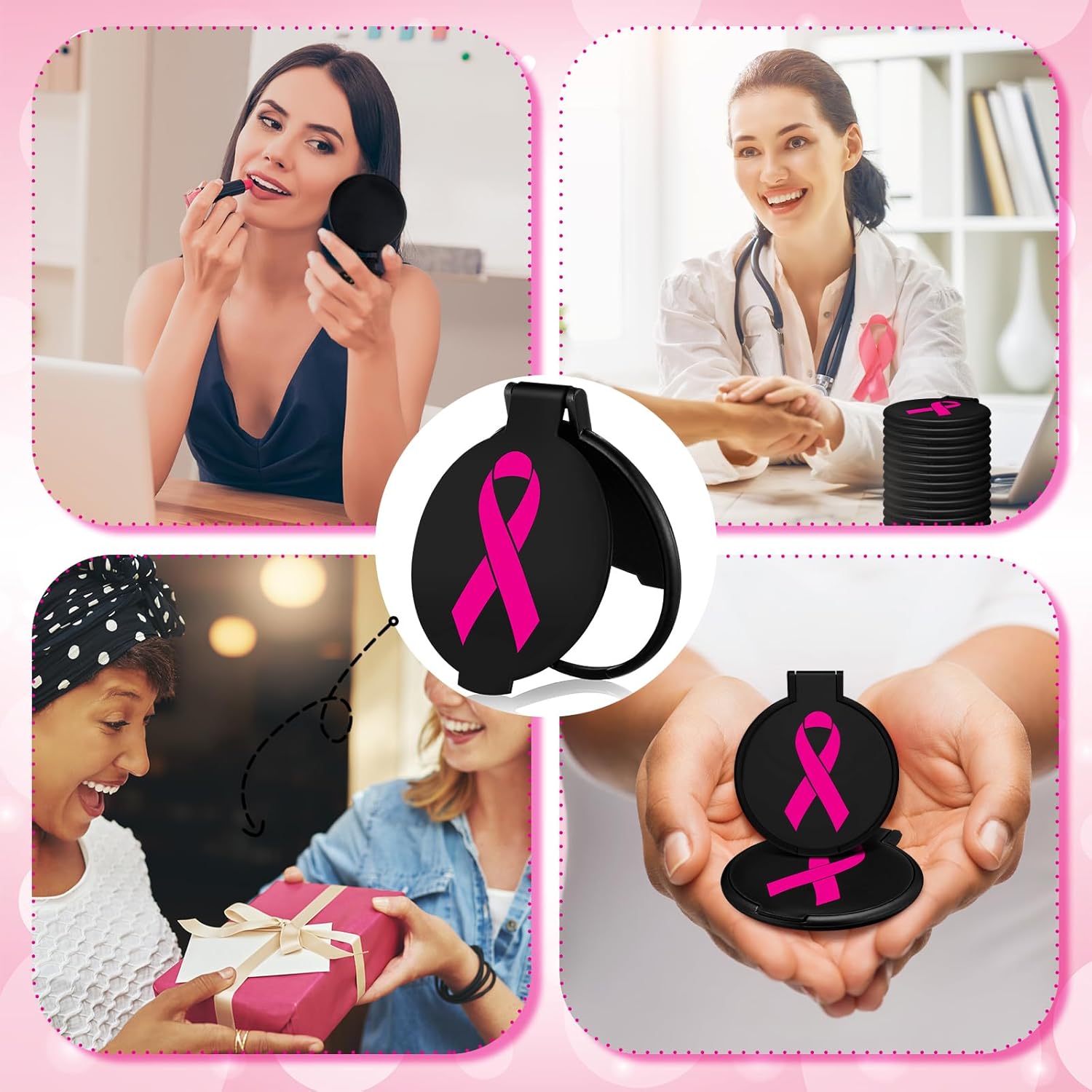 Huwena 100 Pcs Breast Cancer Gifts for Women, Breast Cancer Awareness Accessories Bulk, Small Pocket Compact Mirrors in Bulk, Pink Ribbon Gift Items for Survivor Chemo Patients(Pink Ribbon Style)