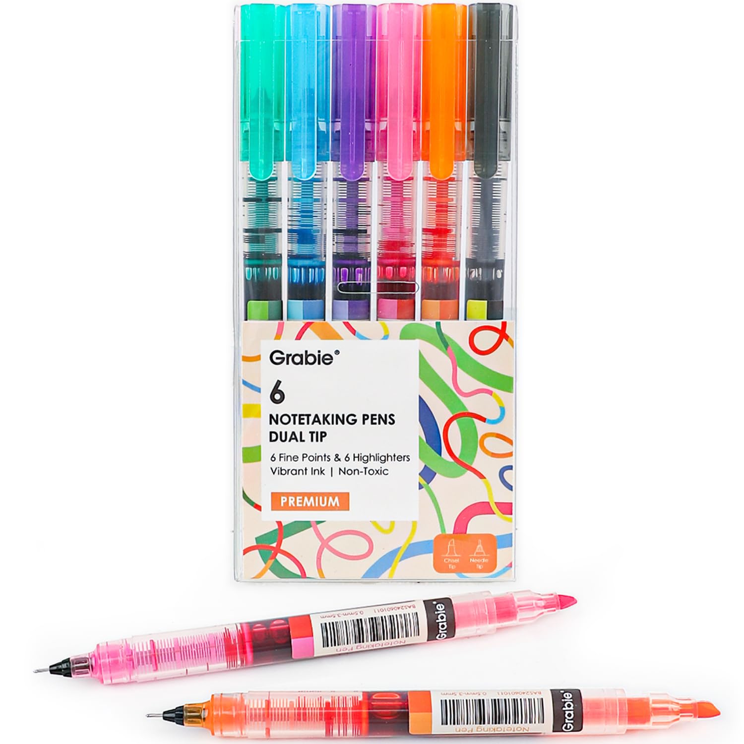 Dual Tip Notetaking Pens (3.5mm Chisel + 0.5mm Needle), Dual Tip Highlighter Markers for Journaling, Colored Pens for Note Taking and Adult Coloring Books (Vivid Splash)
