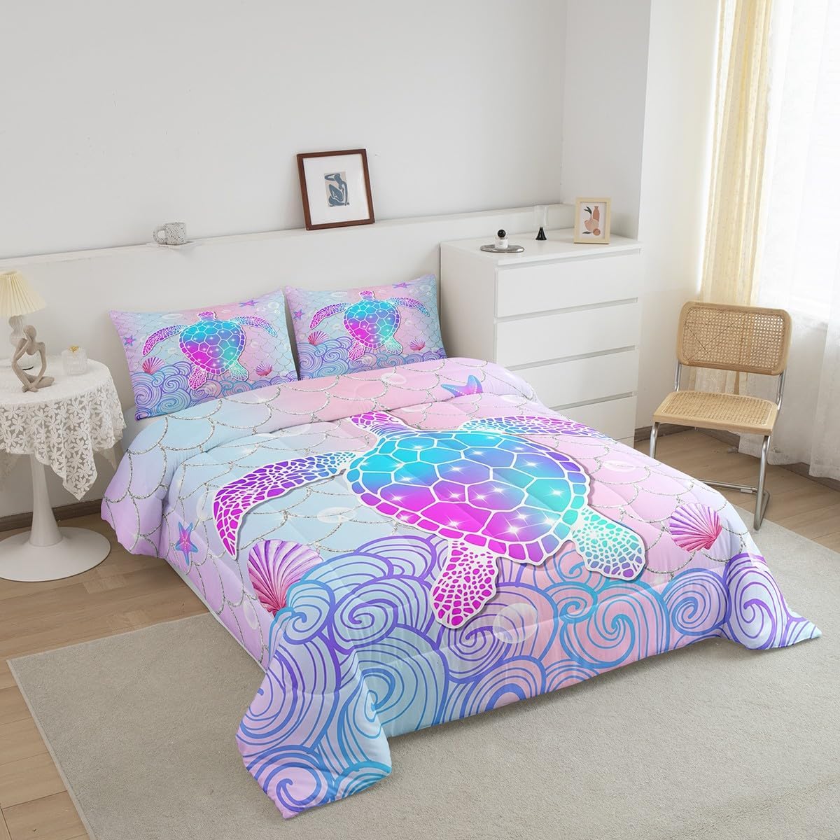Feelyou Sea Turtle Comforter Set Twin Size Ocean Marine Themed Comforter Room Decorative Mermaid Scales Ocean Wave Shell Bedding Set Purple and Pink Duvet Set 2Pcs Quilt Set