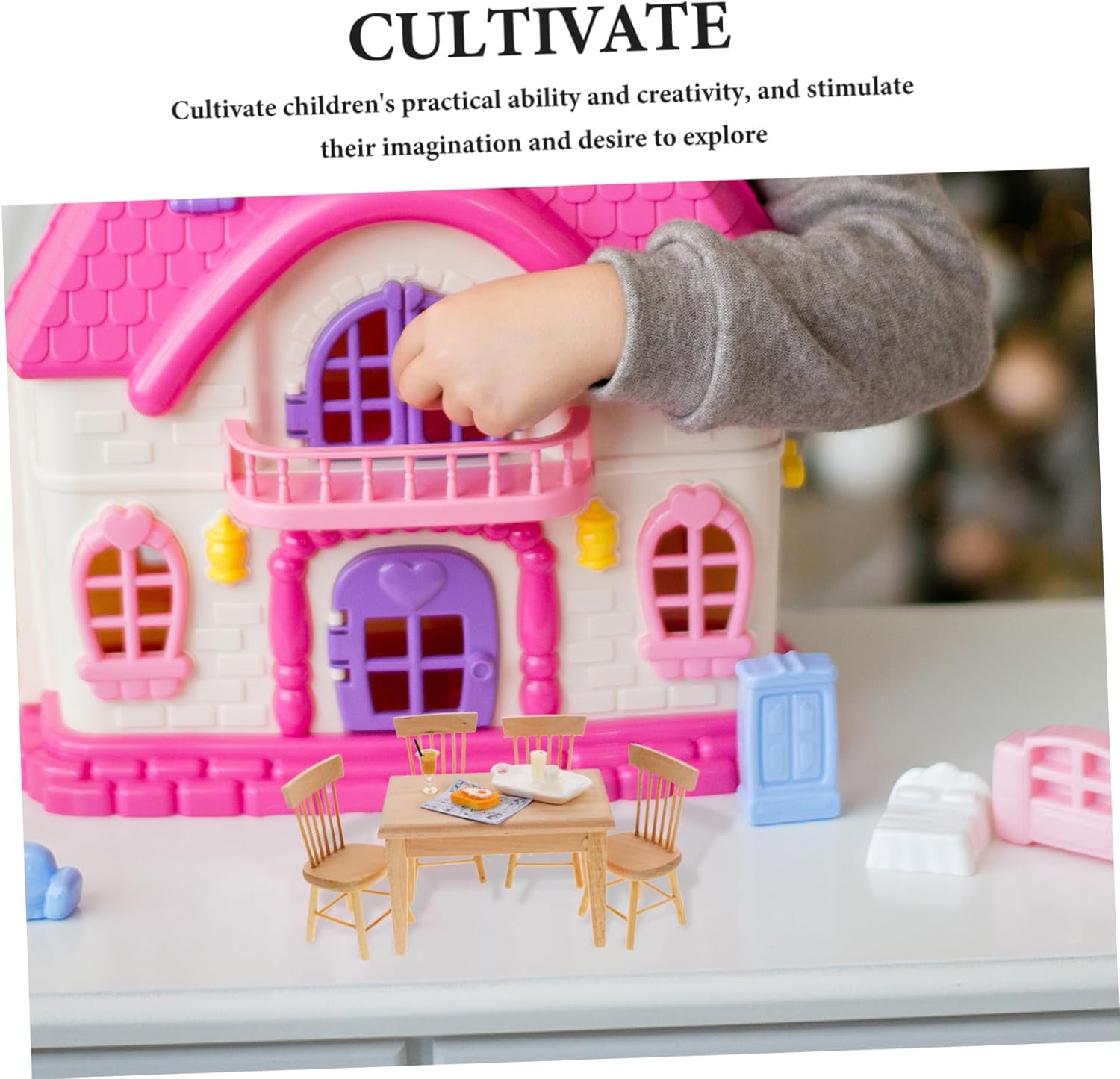 Kisangel 1 Set Miniature Doll House Chair and Dining Table Vintage Style Furniture Props with Food for Playhouse Decoration Fine Craftsmanship Design for Creative Play