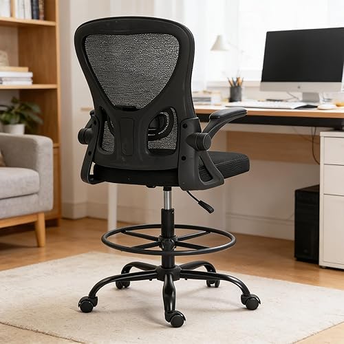 ECOTOUGE Silla de dibujo alta, silla de oficina de malla transpirable con reposabrazos abatibles, silla de escritorio ergonómica de pie para