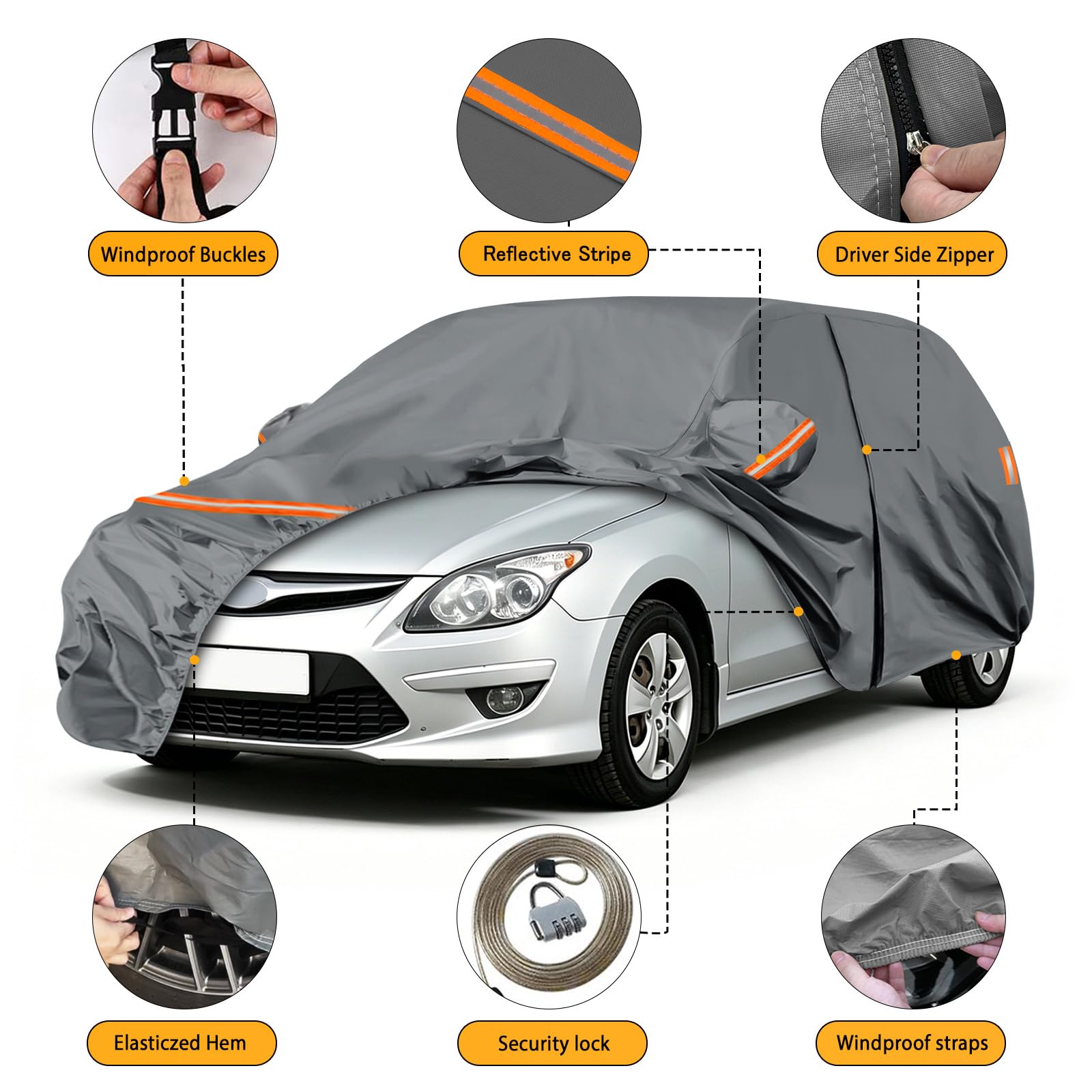 Housse de voiture imperméable pour Hyundai i30 i30 N Hatchback/Fastback 2011-2026 - Bâche de protection complète pour voiture - Toutes saisons - Housse extérieure avec fermeture éclair - Bandes