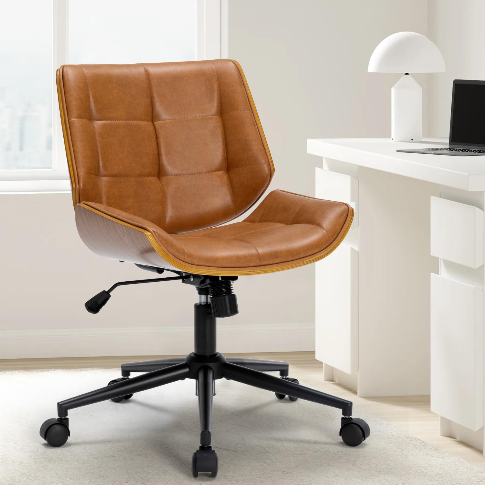Mid-Century Modern Home Office Chair Adjustable Height Desk Chair with Walnut Finish PU Leather Armless Executive Computer Chair