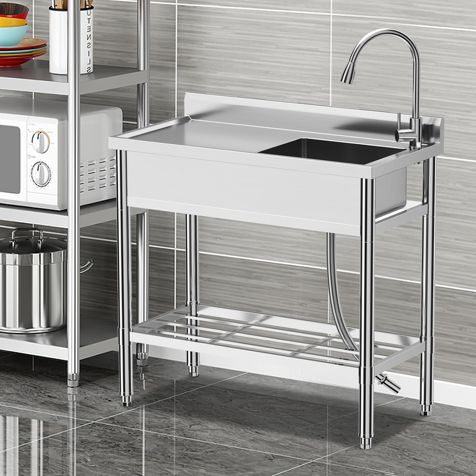 Fregadero utilitario independiente de acero inoxidable con cubeta única, encimera integrada y respaldo – Grado comercial, resistente a la oxidación y fácil de limpiar – Para lavandería, garaje y