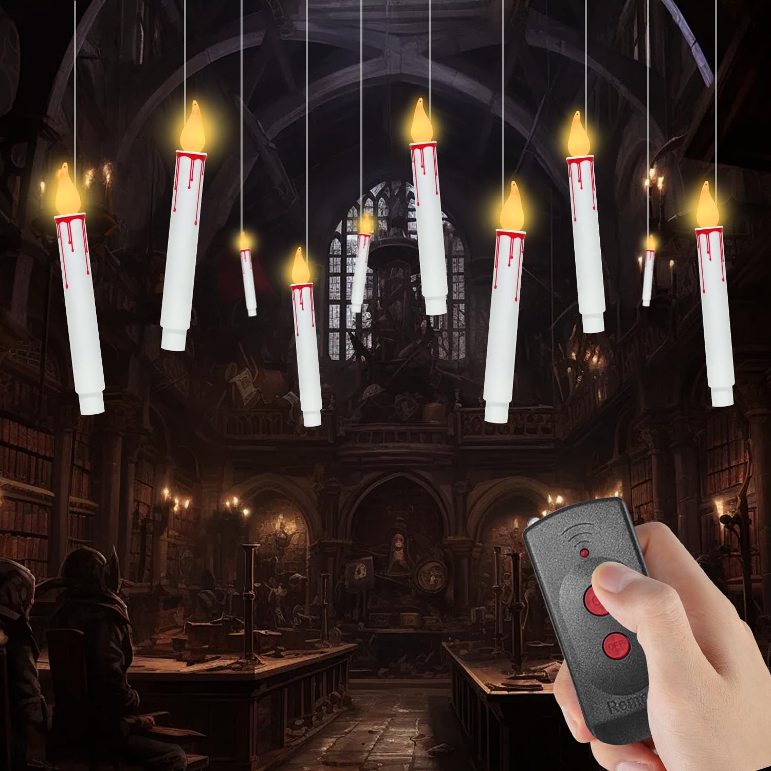 Halloween Decorations Battery Operated White LED Floating Flickering Candles with 3.28FT Fishing Line and Remote Controls, 10 Pack Hanging Flameless Candles for Halloween Christmas Home/Party Decor