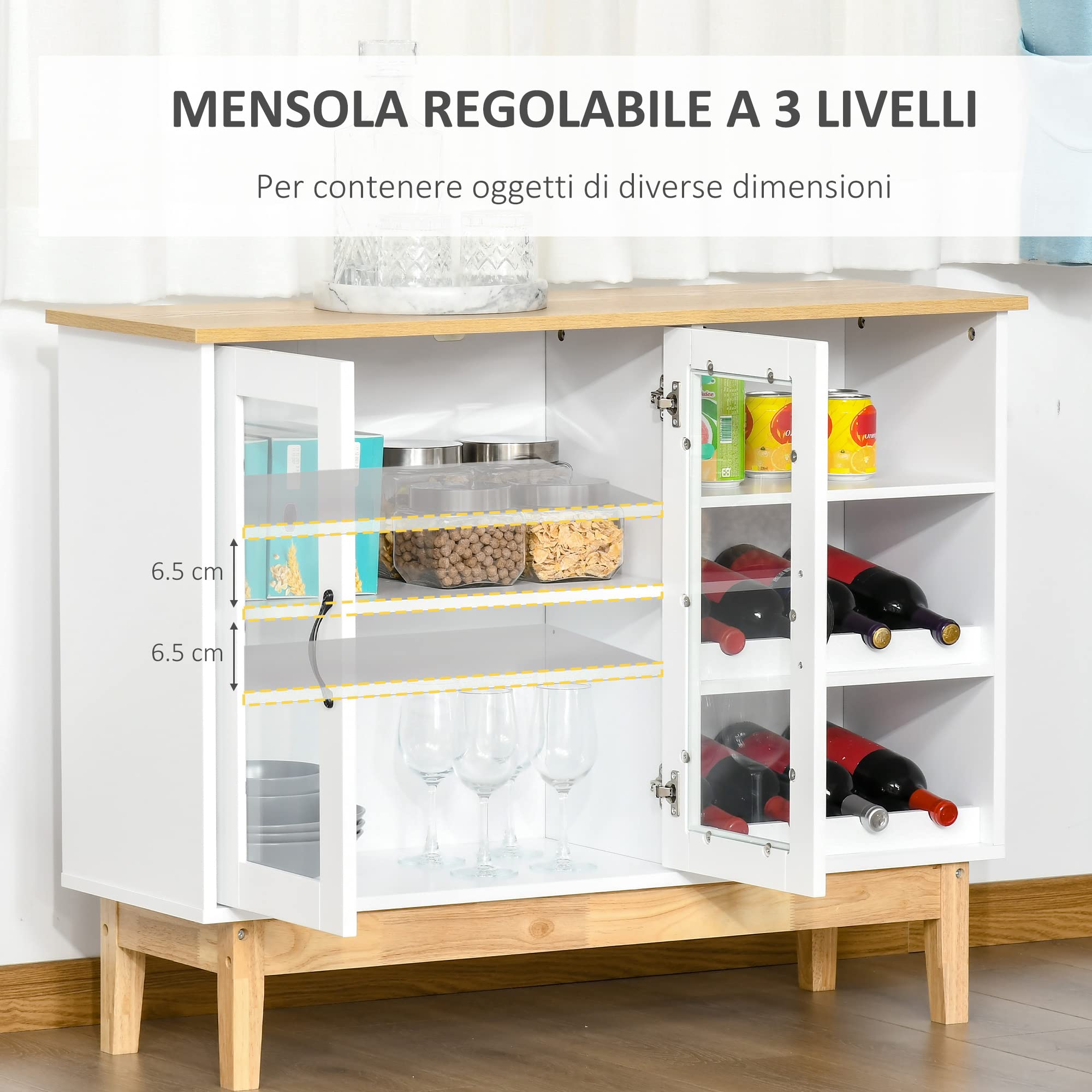 HOMCOM Credenza Moderna con Armadietto, 3 Ripiani Laterali in Legno Massiccio con Cantinetta Portabottiglie, Salvaspazio, 103x34x80cm Bianco