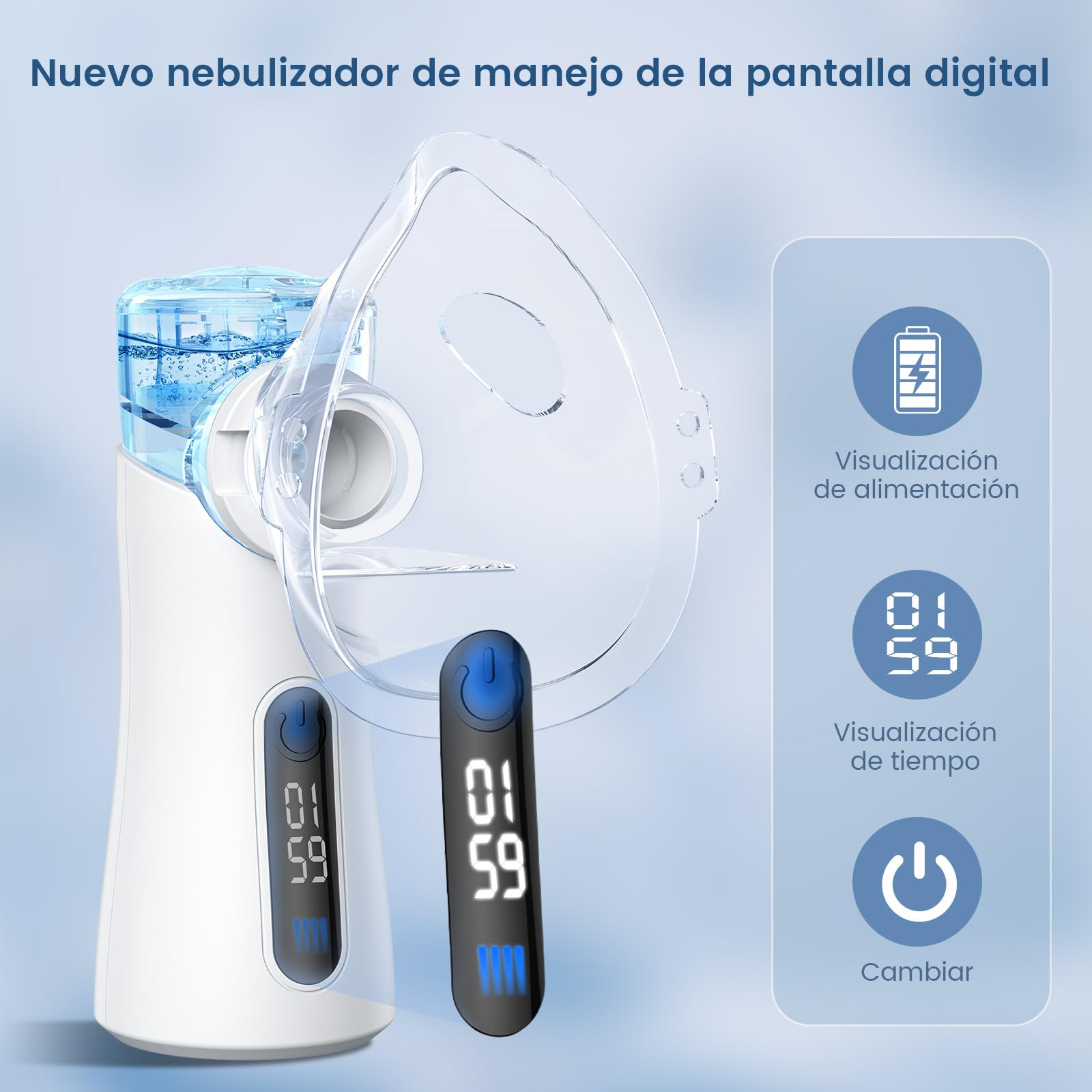 Nebulizador Ultrasónico Niños y Adultos | Portátil 85g | Silencioso 30dB | 2 Modos de Nebulización | Uso Continuo Durante 1h | Pantalla Digital | Modo Autolimpieza | Kit Completo, Para Niños y Adultos, Partículas <5μm, Solo 85g, Batería 500mAh