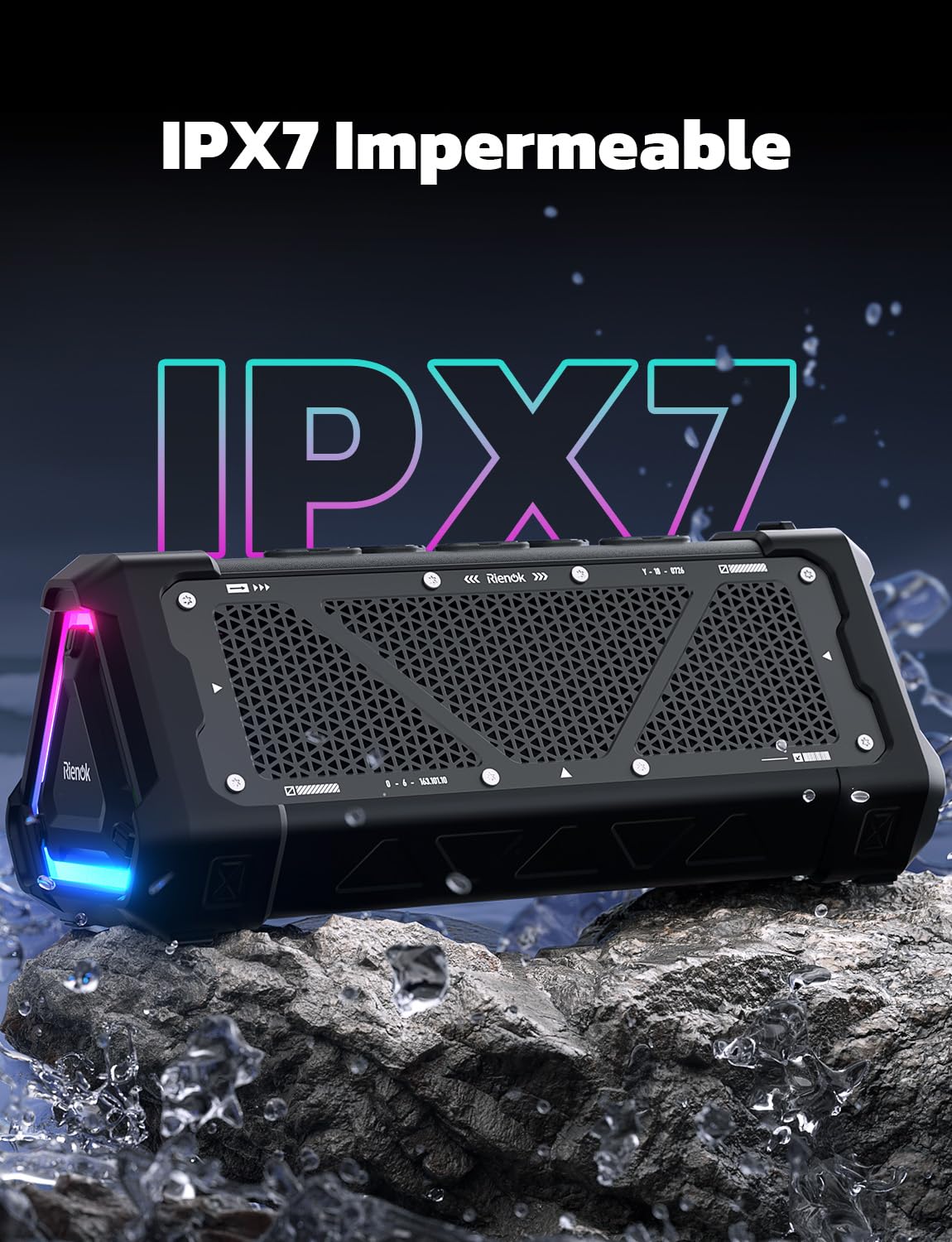 RIENOK S11 30W Altavoz Bluetooth Potente Impermeable IPX7 3 EQ Modos Bluetooth 5.3 Portátil Inalámbrica Dura 24 Horas Emparejamiento Estéreo Luz RGB Apoya Tarjeta TF