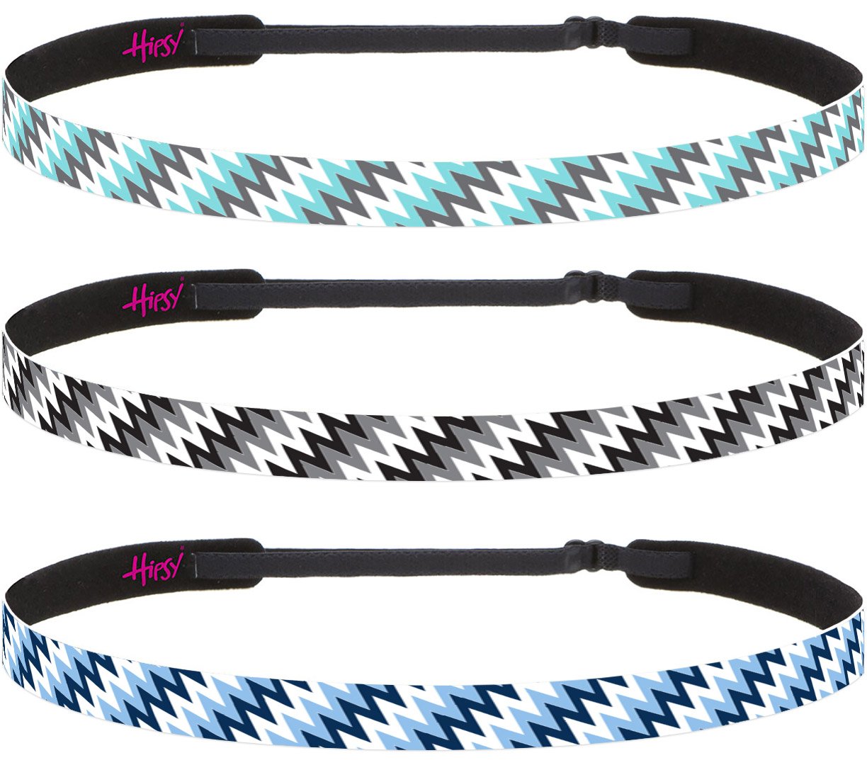 Hipsy Adjustable Non Slip Skinny Fashion Printed Sports Headbands 3-pack (Zigzag Blue/Black/Seafoam)