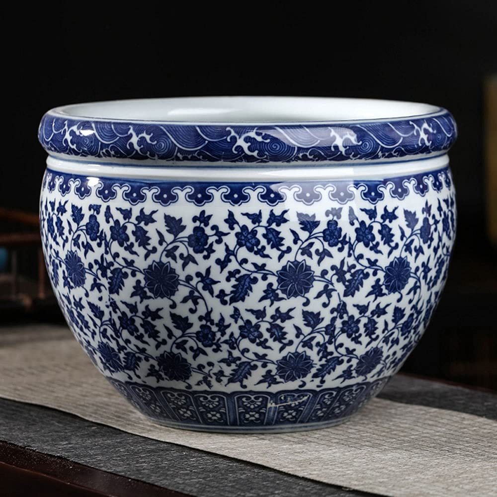 LAUMZX Large Blue And White Porcelain Planter Pot, Traditional Chinese Floral Design Ceramic Fishbowl, Oriental Style Jardiniere Bowl For Indoor Plants, Decorative Centerpiece For Home Decor