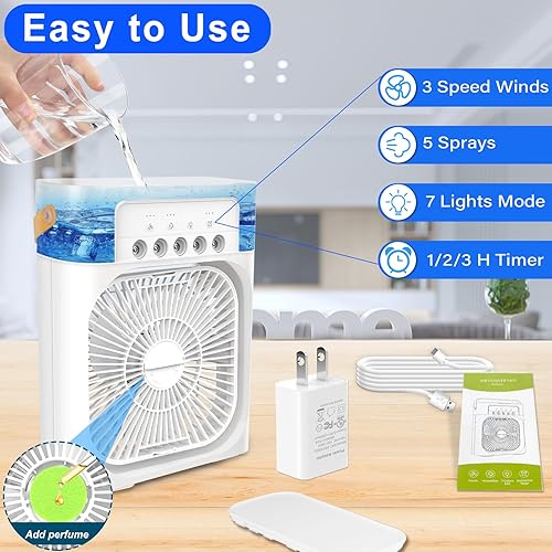 Miniatura 7 de Aire acondicionado portátil  Pequeño enfriador de aire personal silencioso portátil de CA, mini ventilador de escritorio alimentado por USB,