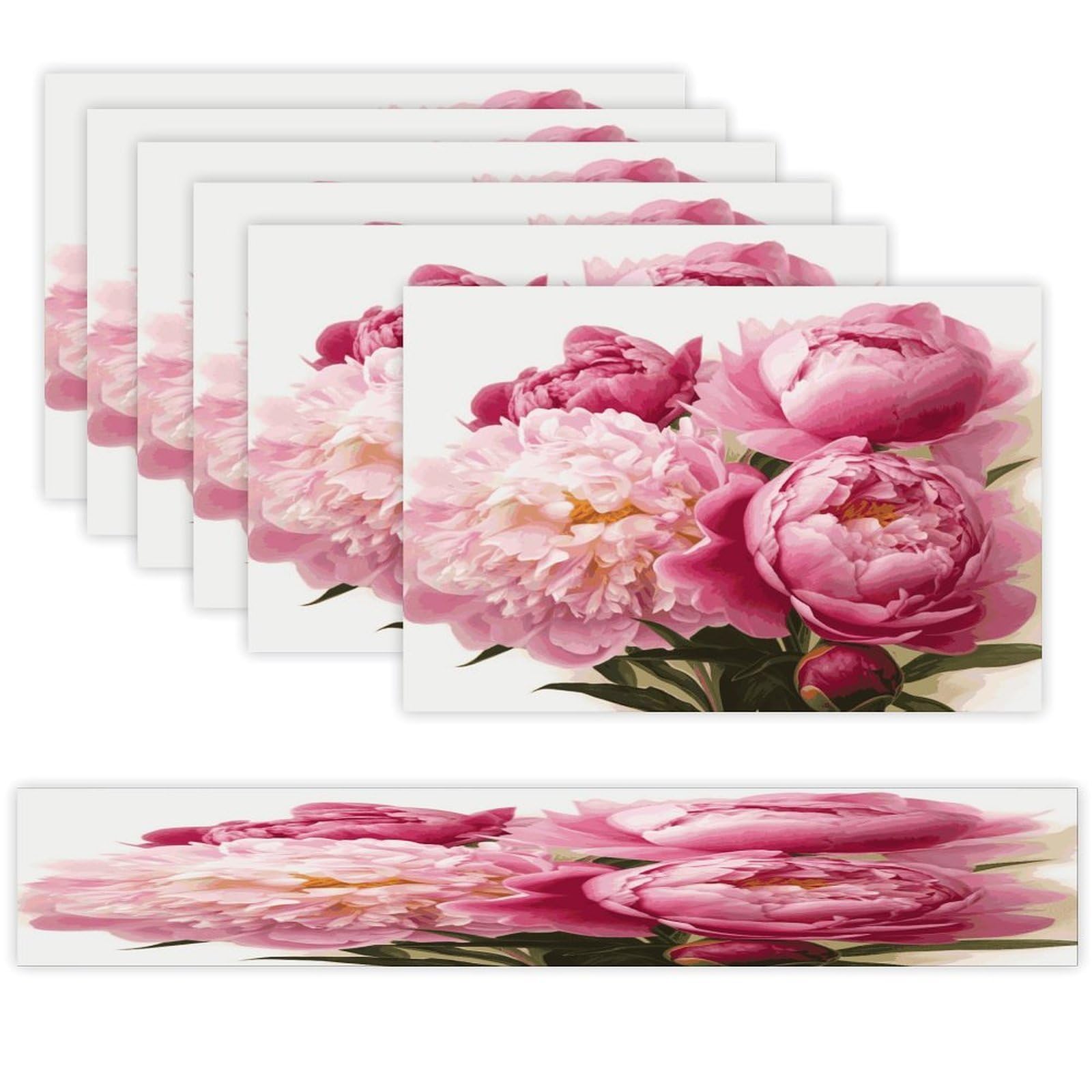 Peony Flowers Blossom Table Runner and Placemats Set of 6 for Kitchen Washable Table Mats Heat Resistant Place Mats Non-Slip Place Mat Wipeable Placemat(6 Placemats+1 Table Runner)