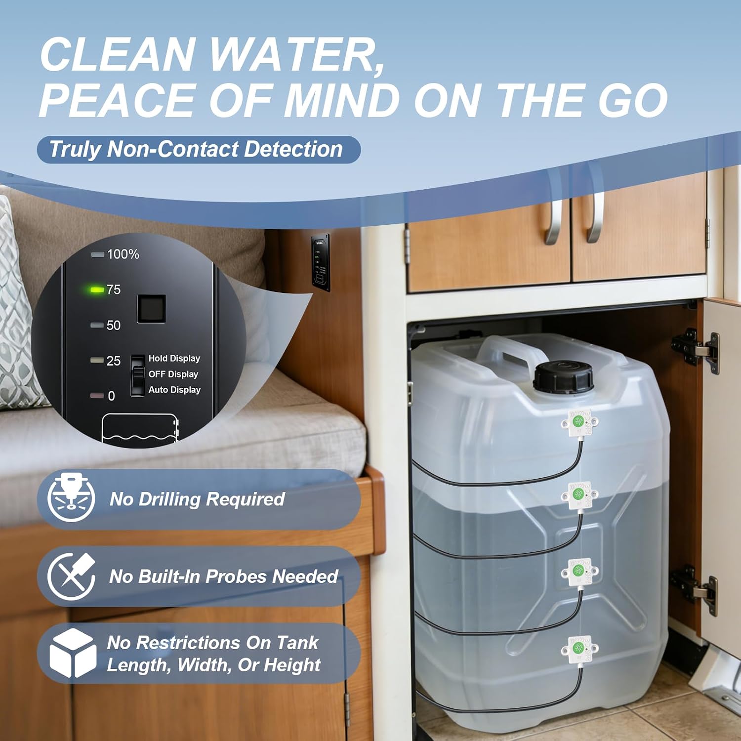 Briidra RV Water Tank Level Monitor System with Probeless Adhesive Sensors, LED Indicator, Motion-Sensing Light, Ensures Water Supply for Plastic Tanks up to 40 Gallons on 7-32V DC RVs, Boats