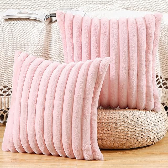 Madizz Set of 2 Faux Fur Plush Decorative Throw Pillow Covers 18x18 Inch Pink Fluffy Striped Soft Decorative Cushion Cover for Sofa Bedroom Pillow Shell