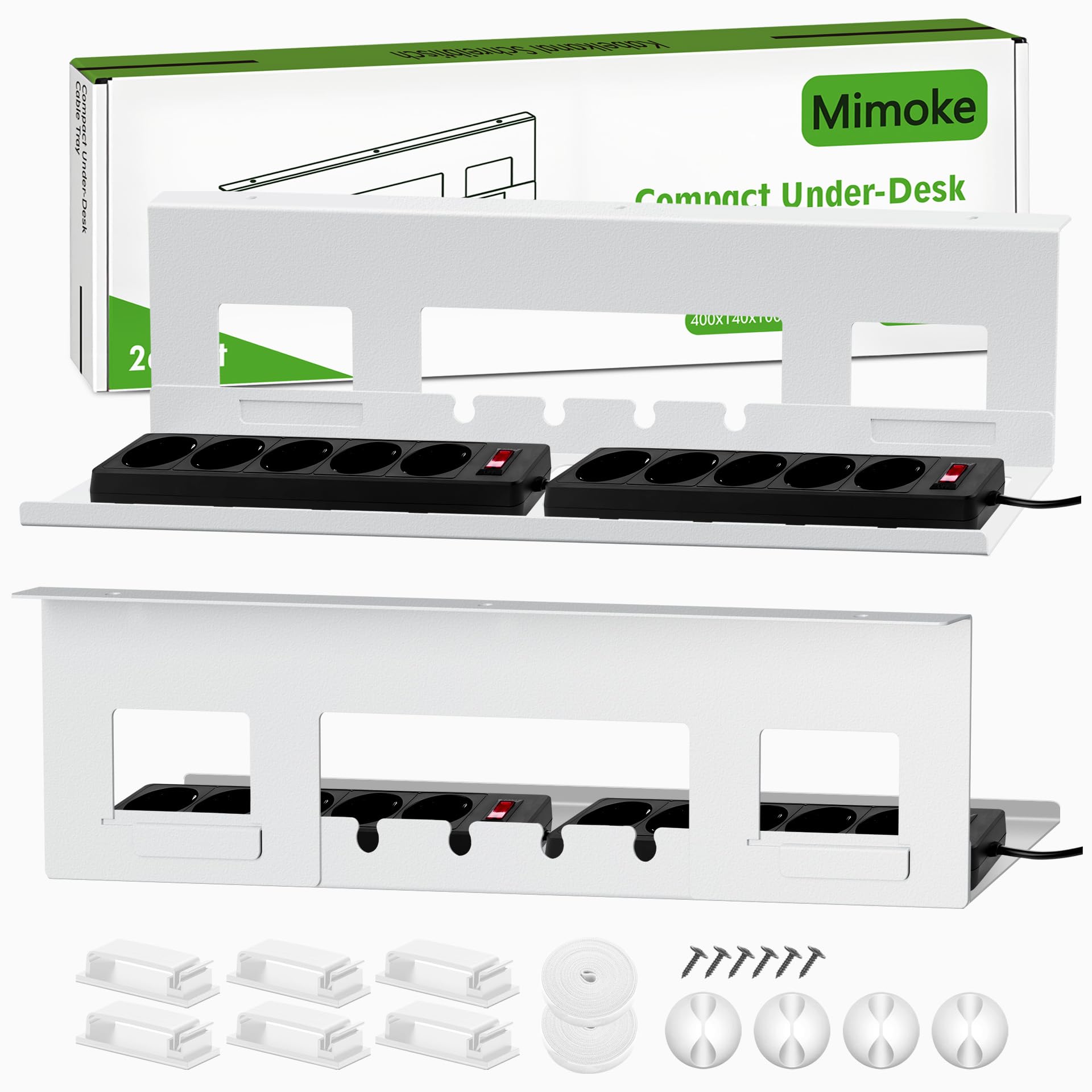 Mimoke Set de rangement pour câbles - Lot de 2 en acier noir Organisateur de câbles pour bureaux debout, boîte pour câbles et prises, revêtement en poudre, montage facile (Blanc)